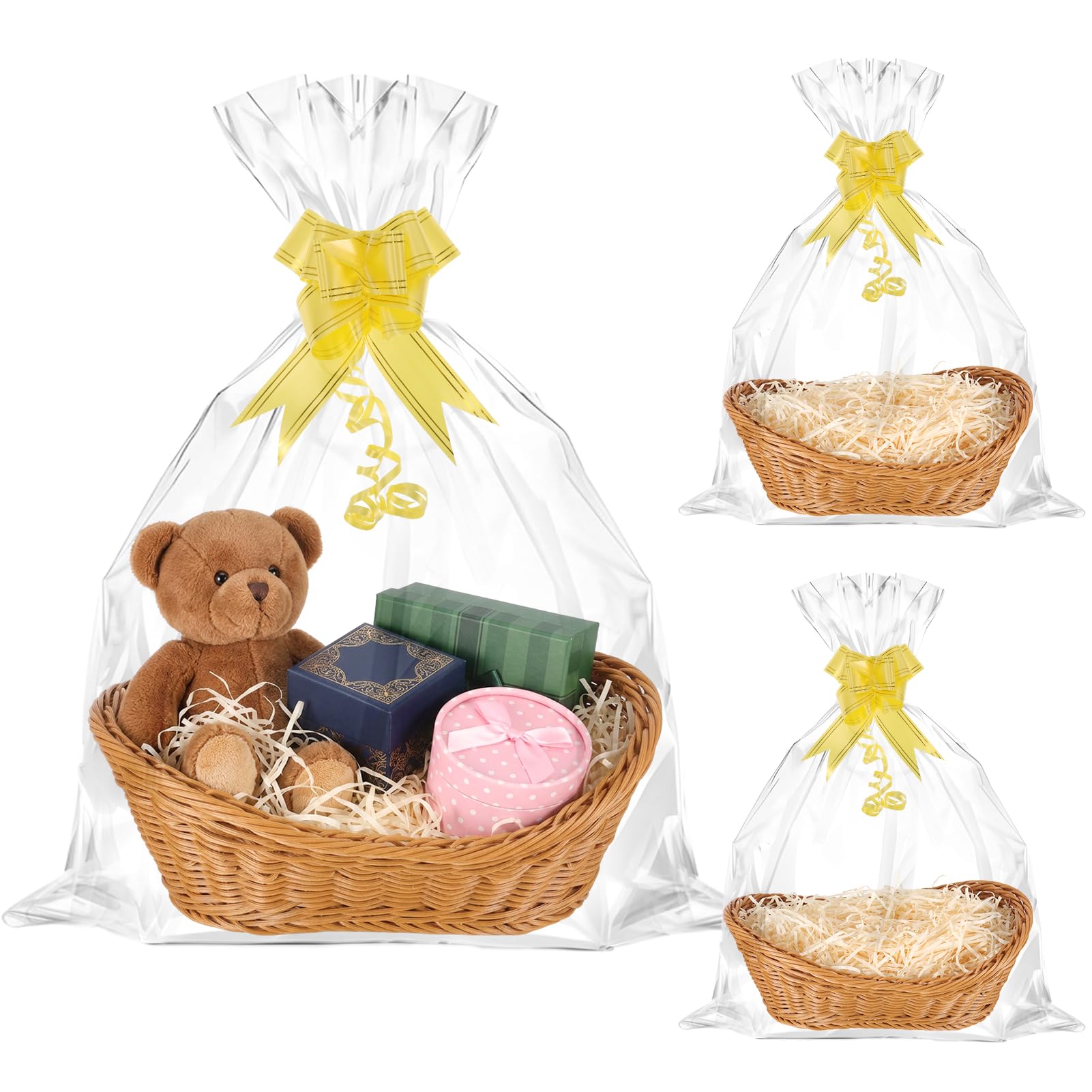 3 PCS Make Your Own Gift Basket Hamper Kit, 30 x 18 x 10 cm Empty Wicker Basket with Cellophane Wrap, Bow & Raffia, Diy Gift Hamper Set for Birthday Wedding Graduations
