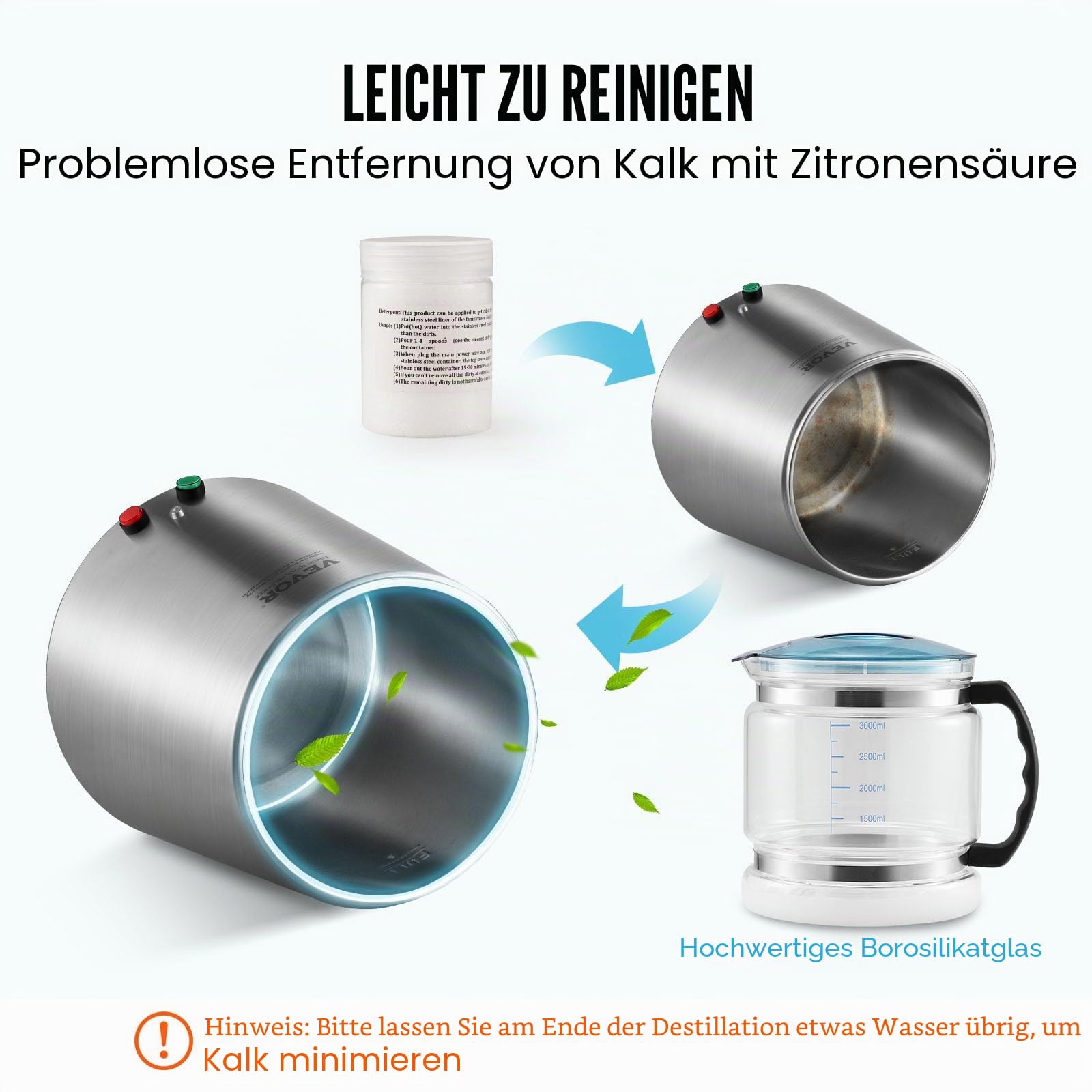 VEVOR Wasserdestilliergerät, 4 l, Destilliermaschine, 1 l/h, 24 l/Tag, innen aus lebensmittelechtem Edelstahl, hohe Effizienz bei der Reinigung von Leitungswasser