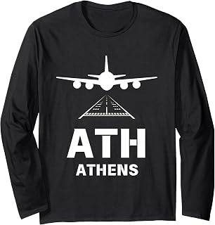 ATH Airport Athens, Greece Airplane Landing on Runway Long Sleeve T-Shirt