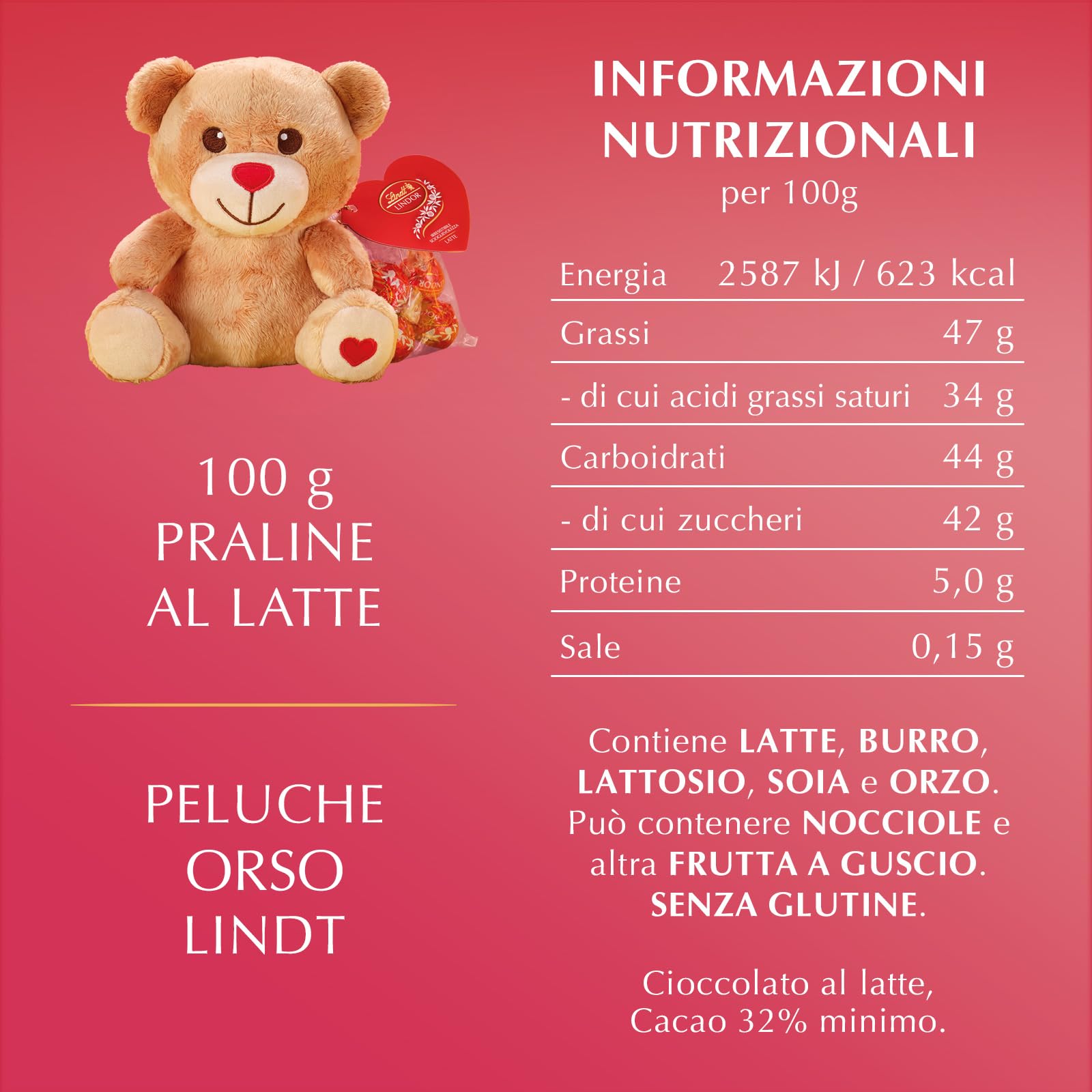 Lindt San Valentino Peluche Cucciolo Giraffa con Cioccolatini LINDOR al Latte, Formato 100 g