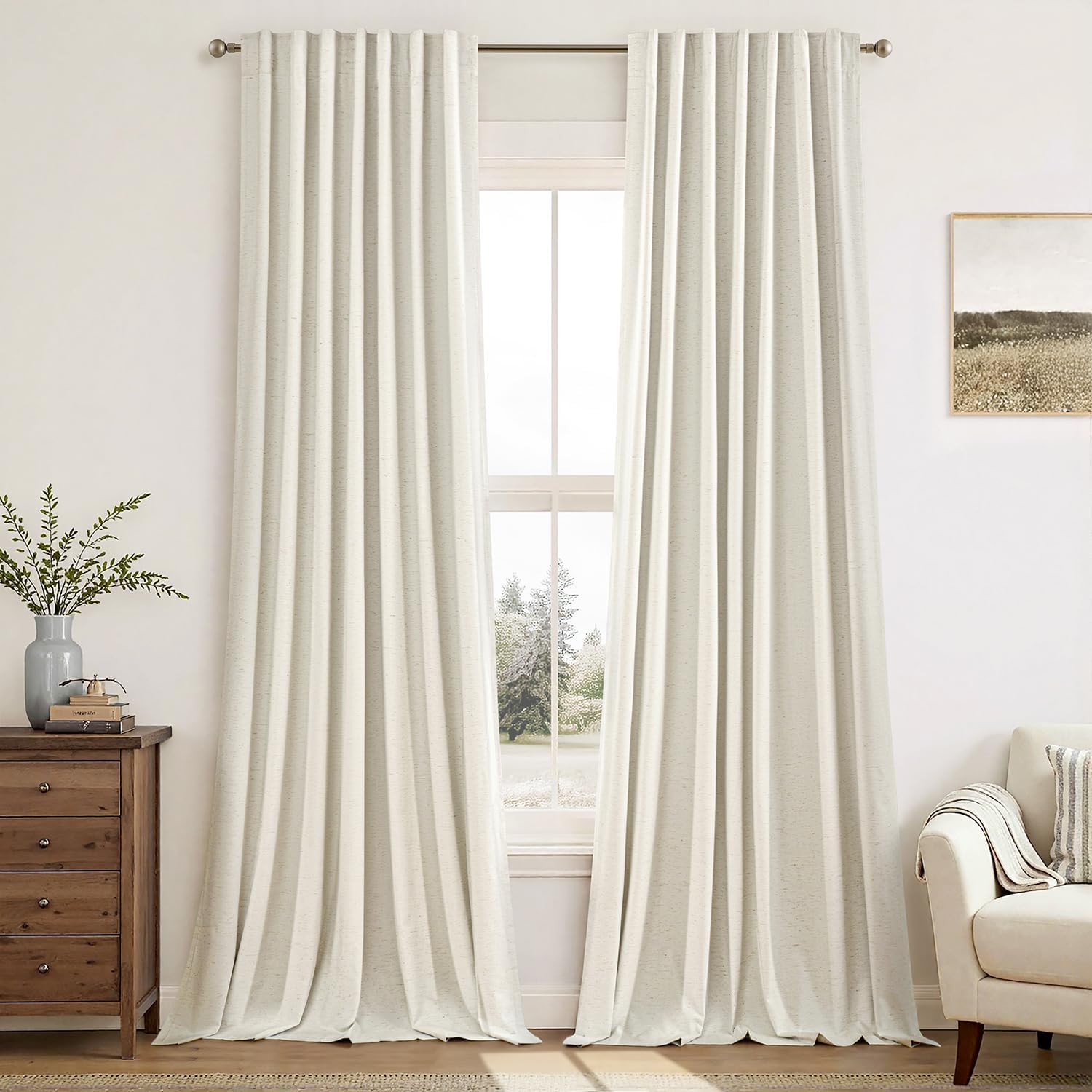 MIULEE Linen 100% Blackout Curtains 90 Inch Long 2 Panels, Back Tab Pleated Hook Belt Clip Rings Thermal Insulated Drapes for Bedroom Living Room Beige Natural Farmhouse Black Out Window Curtains Natural Beige 52"W x 90"L (Pack of 2)