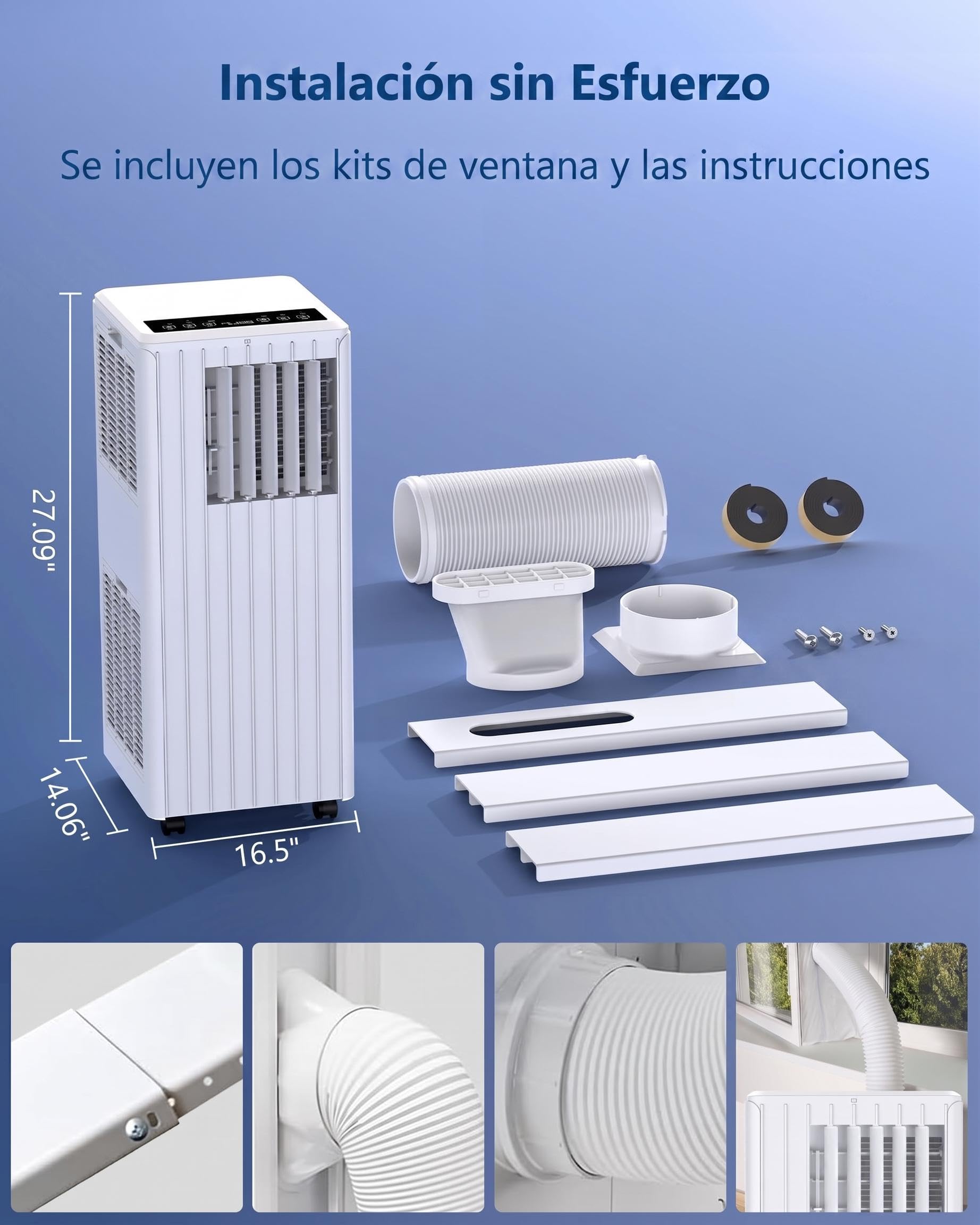Aire acondicionado portátil 9000BTU - 2.6KW/9000 frigorías - Bajo consumo energético - Pantalla LED, 4 modos, 2 velocidades de ventilador(con mando a distancia) - 25-28 m² - temporizador de 24 horas