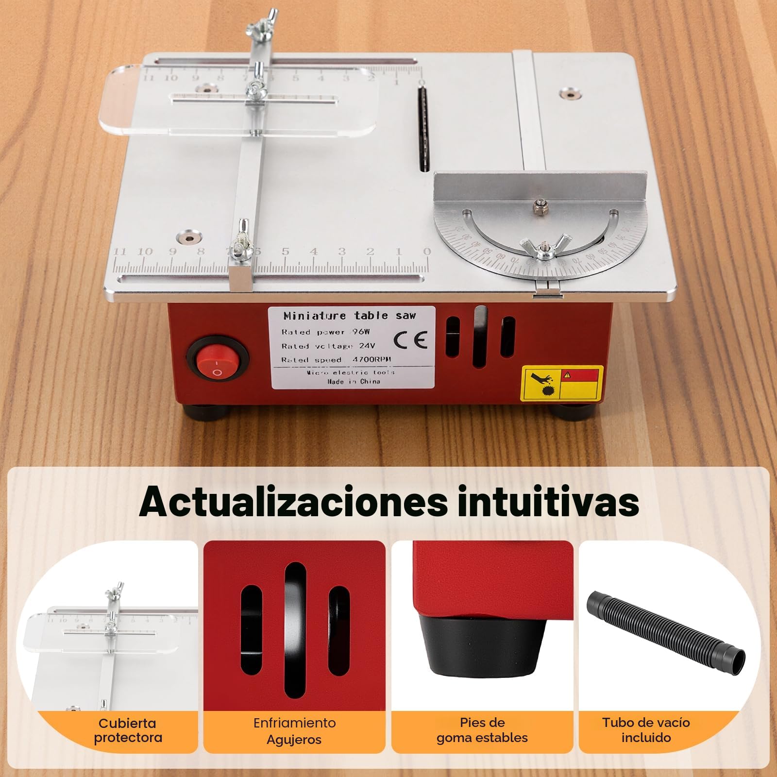 Mini Sierra Circular de Mesa 96 W, Sierra de Precisión para Bricolaje, Madera y Metal, 9200 rpm, 14 mm de Corte, Extracción de Polvo, Ideal para Manualidades