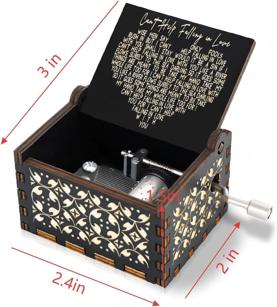 Hand Crank Engraved Wooden Music Box | Vintage-Style Musical Box with Romantic Melody, an Ideal Gift for Valentine's Day, Anniversaries & Birthdays for Wife, Husband, or Partner.