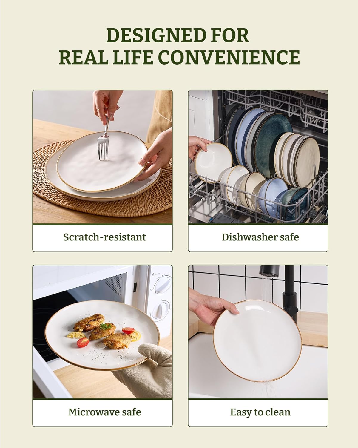 Famiware Dinnerware Sets for 4, Ocean Round 12-Piece Kitchen Plates and Bowls Sets, Reactive Glaze, Microwave and Dishwasher Safe, Scratch Resistant, Cappuccino White - Image 7