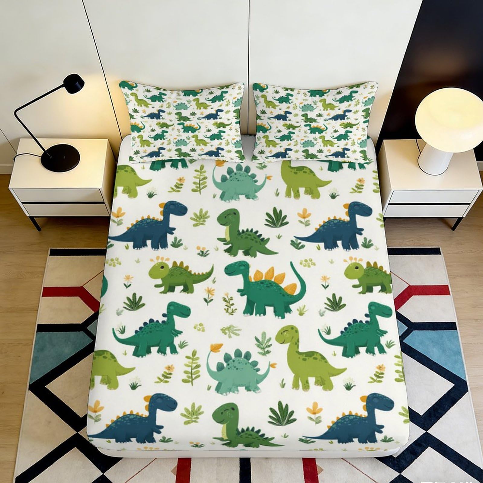 Uxinyoume Style-3 3D Printed Green Dinosaur Fitted Sheet Microfiber Soft Anti-Slip Cartoon Bed Cover For Bedroom Or Guest Room 90X200x25cm