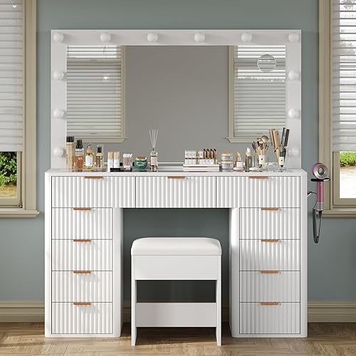 Vanity Desk with Power Outlet, Fluted Makeup Vanity with Lighted Mirror, 3 Lighting Modes Adjustable, 11 Drawers Vanity Set, Glass Top, Vanity Table with Chair for Bedroom, Dressing Room