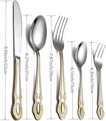 Miniatura 2 de Juego de cubiertos dorados de 20 piezas, juego de cubiertos de cubiertos, juego de cubiertos para 4, perfecto para bodas o fiestas, acabado espejo,