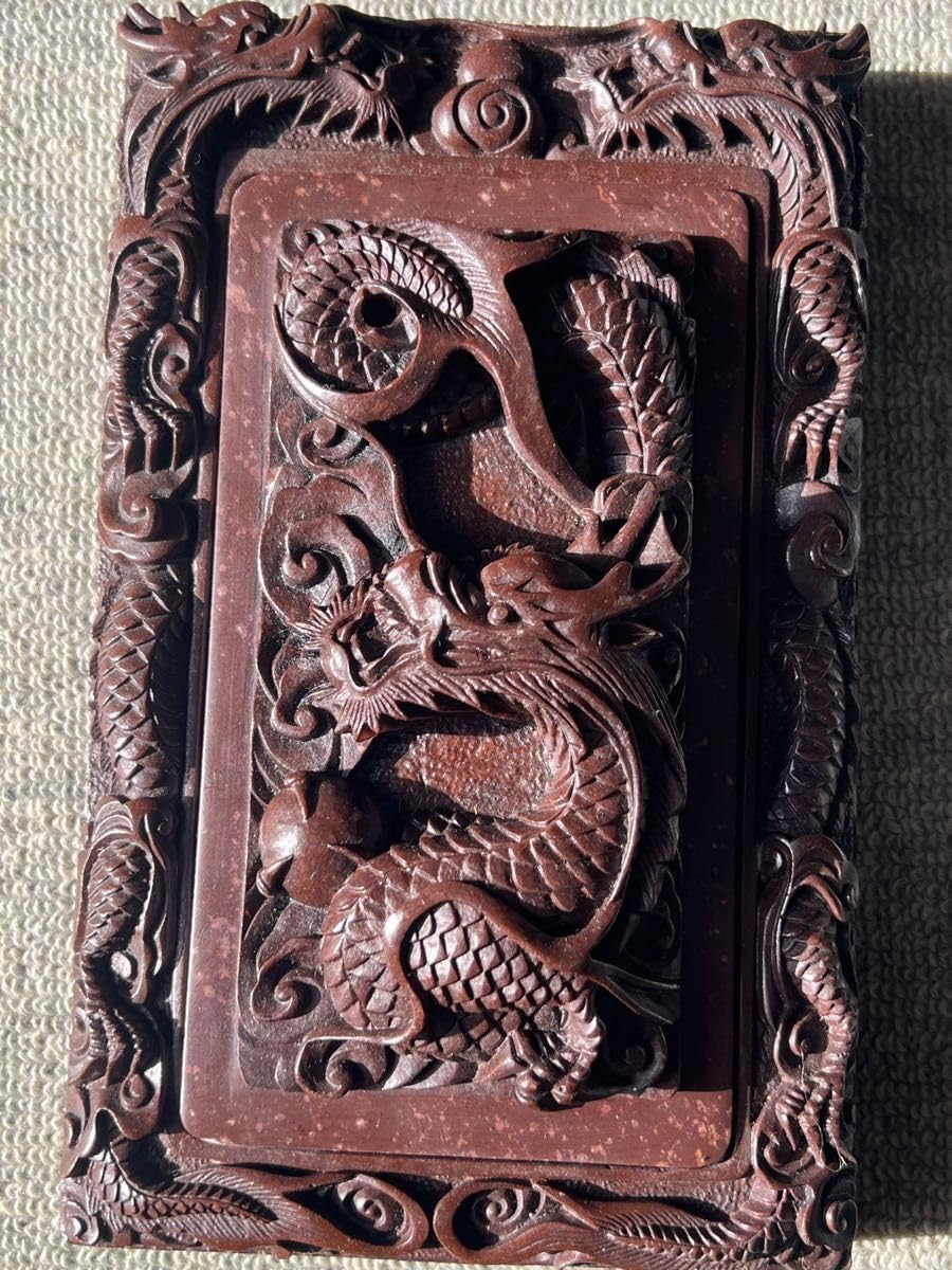 中国 龍彫刻 硯 蓋付 骨董品 スズリ 安い 価格