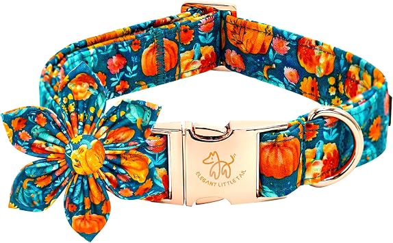 Elegant little tail Fall Dog Collar, Halloween Pet Collars with Flower Cute Pumpkin Print Puppy Collar Female or Male Cotton Adjustable Collars for Small Medium Large Dogs
