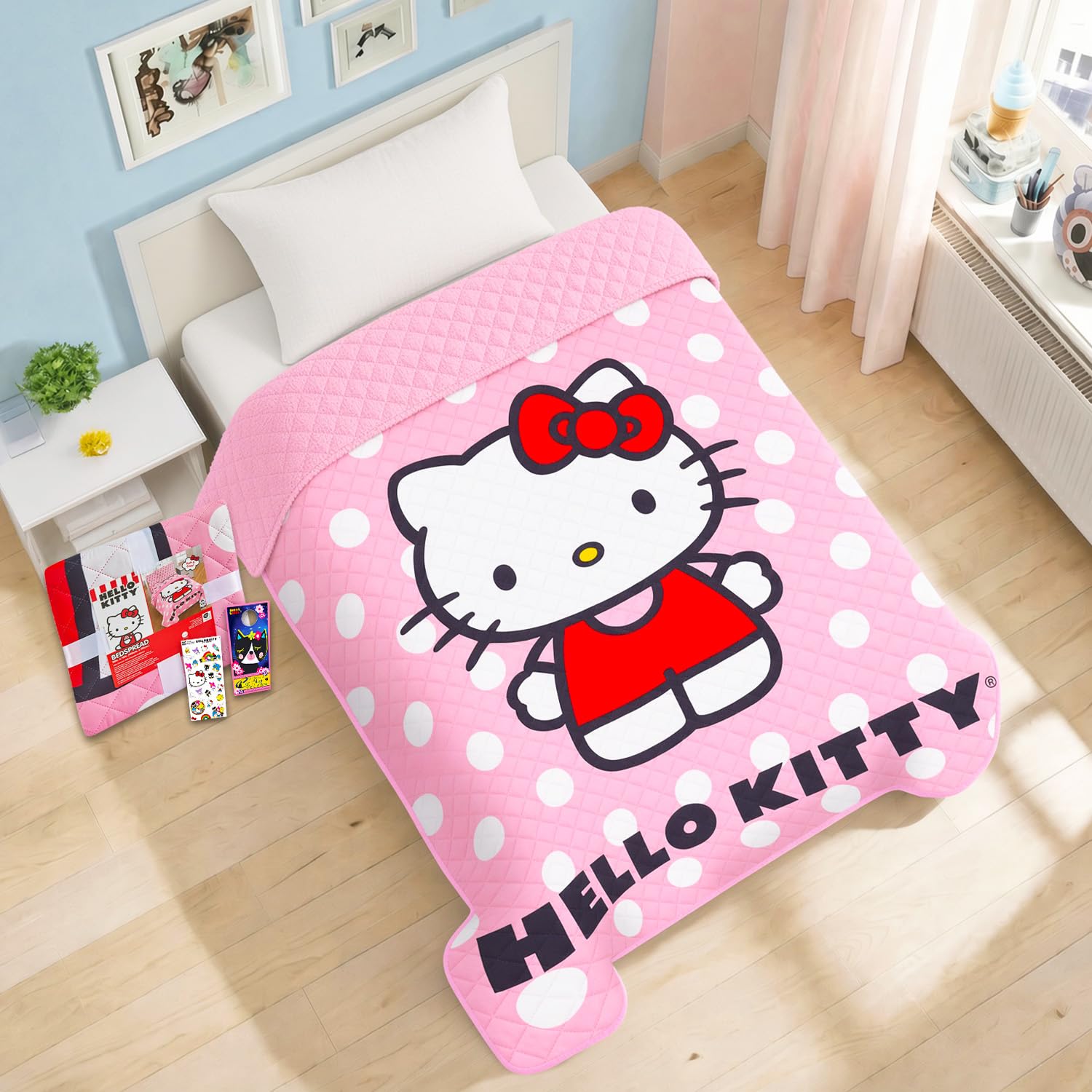 Hello Kitty Twin Bedding Set - Quilted Bedspread, Stickers