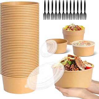 DI QIU REN 50Pack Large Paper Bowls Disposable【with Lids and Forks】, Meal Prep Container Salad Serving Bowl Microwave Freezer Safe Takeout Food Container for Hot/Cold Food (36 oz)