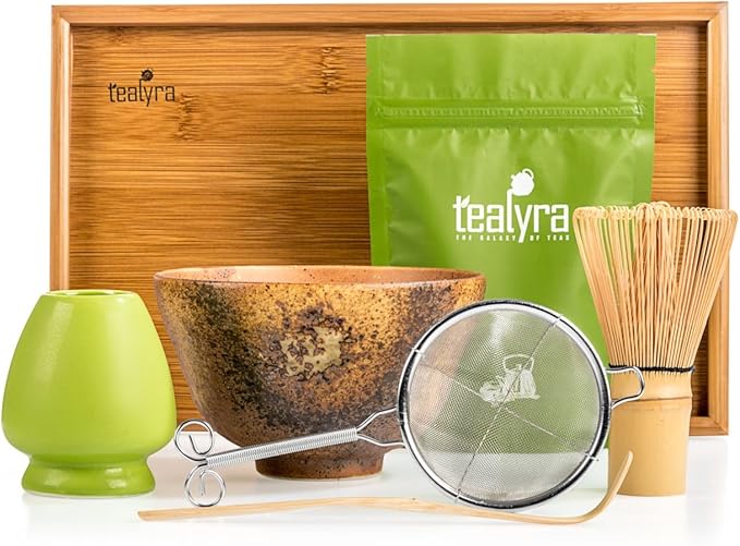 Tealyra - Matcha Kit - Connoisseur Ceremony Start Up Set - Premium Matcha Tea Powder - Japanese Made Golden Bowl - Bamboo Whisk Scoop and Tray - Holder - Sifter