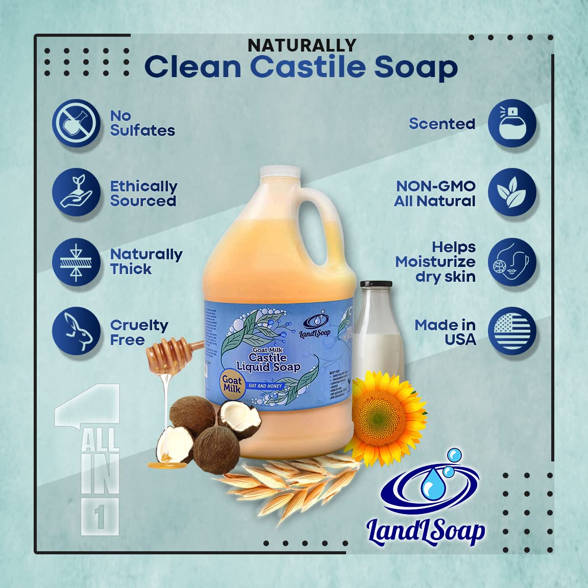 Oatmeal, Honey and Goat Milk Pure Castile Soap Liquid for Face, Hand & Body Wash- Non-GMO, Made in USA, All Skin Types, Dry & Sensitive Skin (Half Gallon)