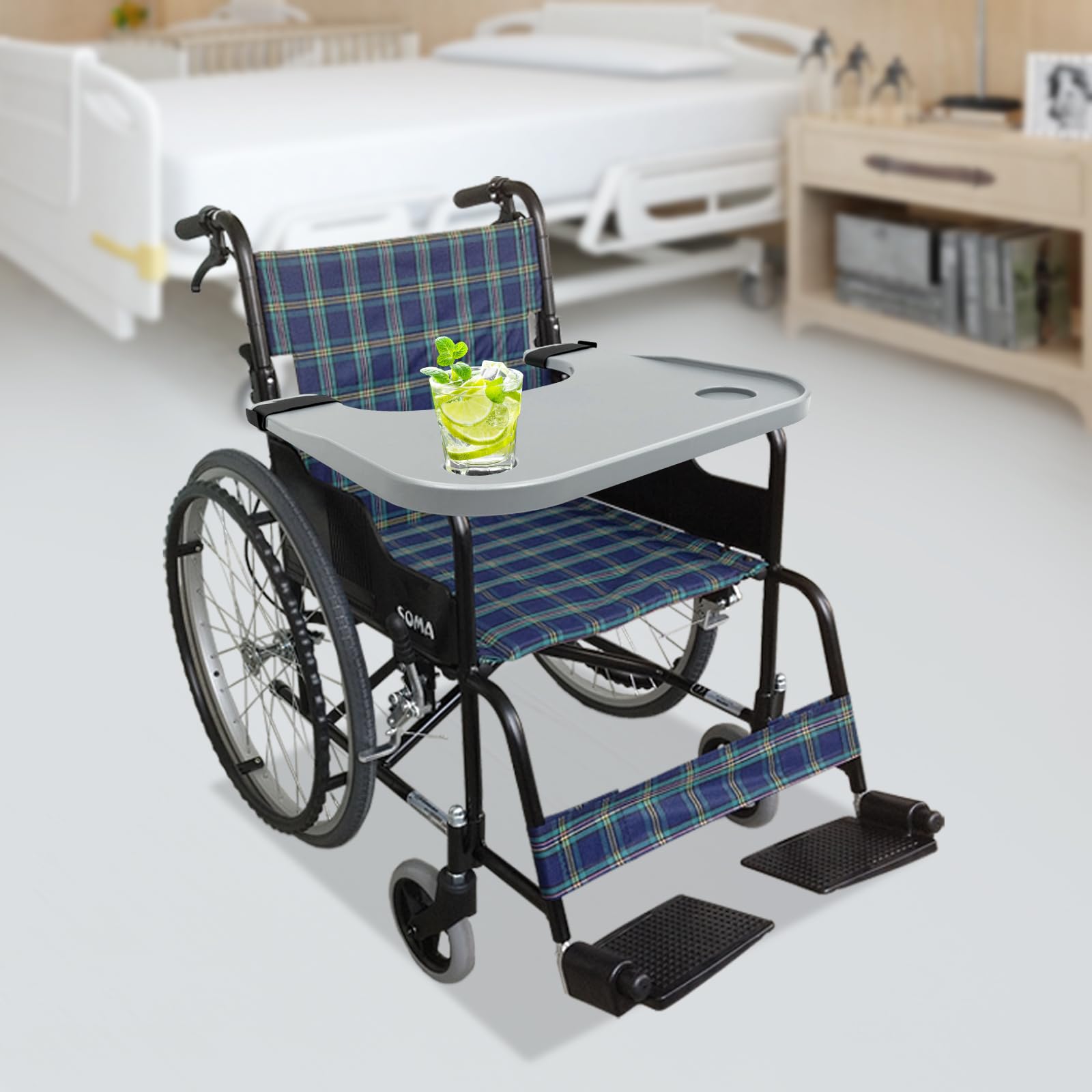 Abnehmbarer Rollstuhl-Tablett mit Getränkehalter, verstellbar, 38,1 - 58,1 cm, tragbarer Mahlzeiten-Schreibtisch zum Essen, Lesen und täglichen Aktivitäten, 20 kg Kapazität (ergonomisches