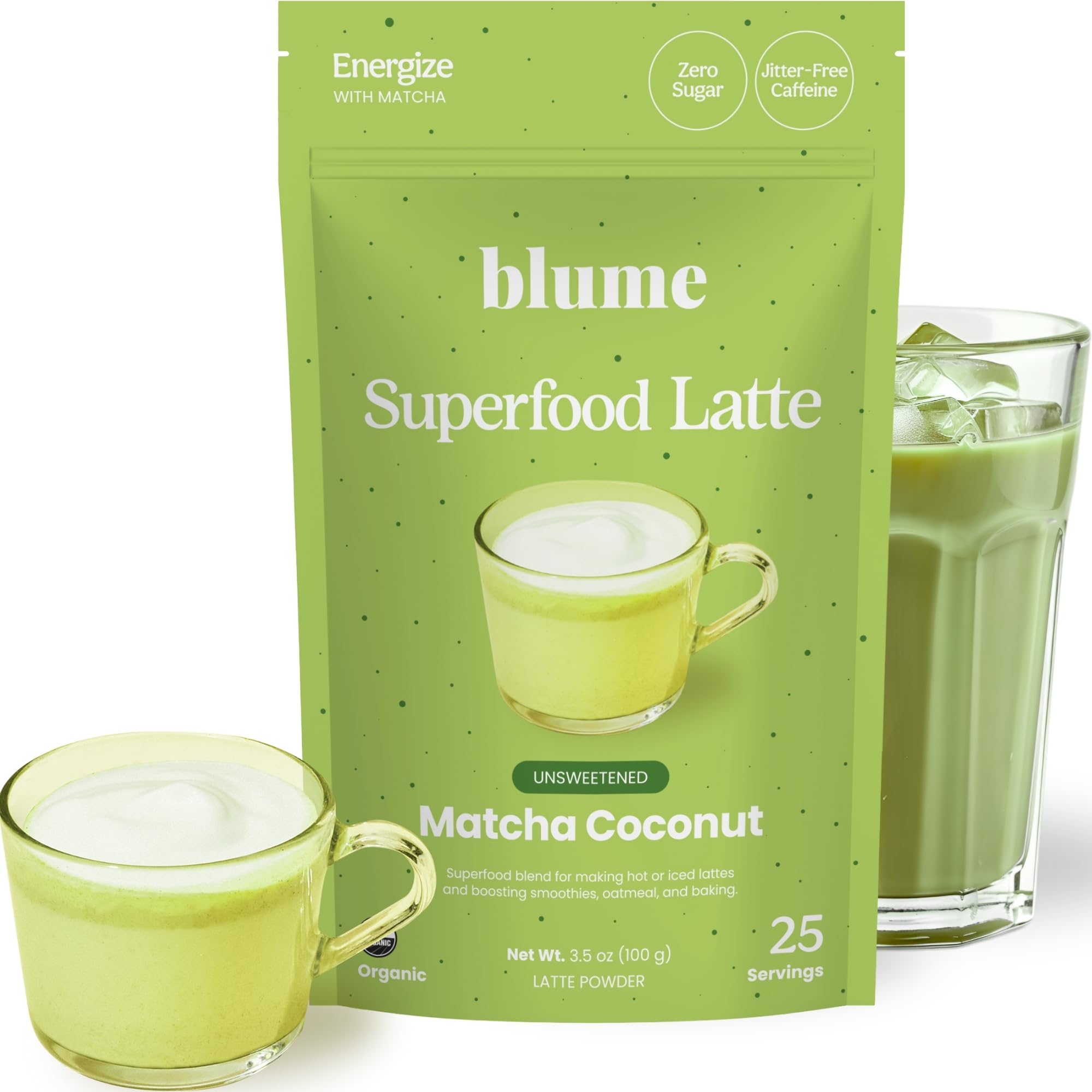 Blume Superfoods Latte - Matcha Powder with Coconut, Natural Caffeine, L-Theanine, All Day Energy & Focus, Sugar-Free, Moringa, Vegan, Organic Matcha Latte from Shizuoka Japan, Green Tea - 25 Servings