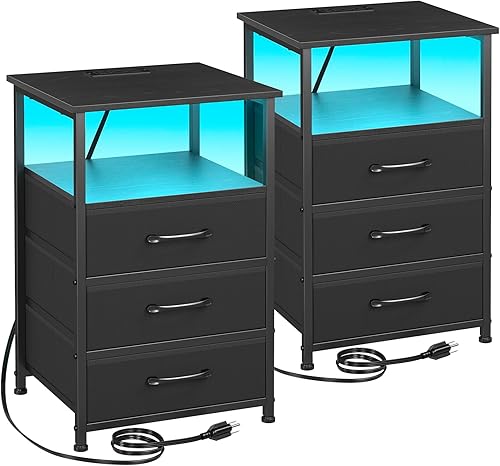 Juego de 2 mesitas de noche, mesa auxiliar con estación de carga, mesita de noche de mesa ancha con tira de luz LED para dormitorio HNS013BK