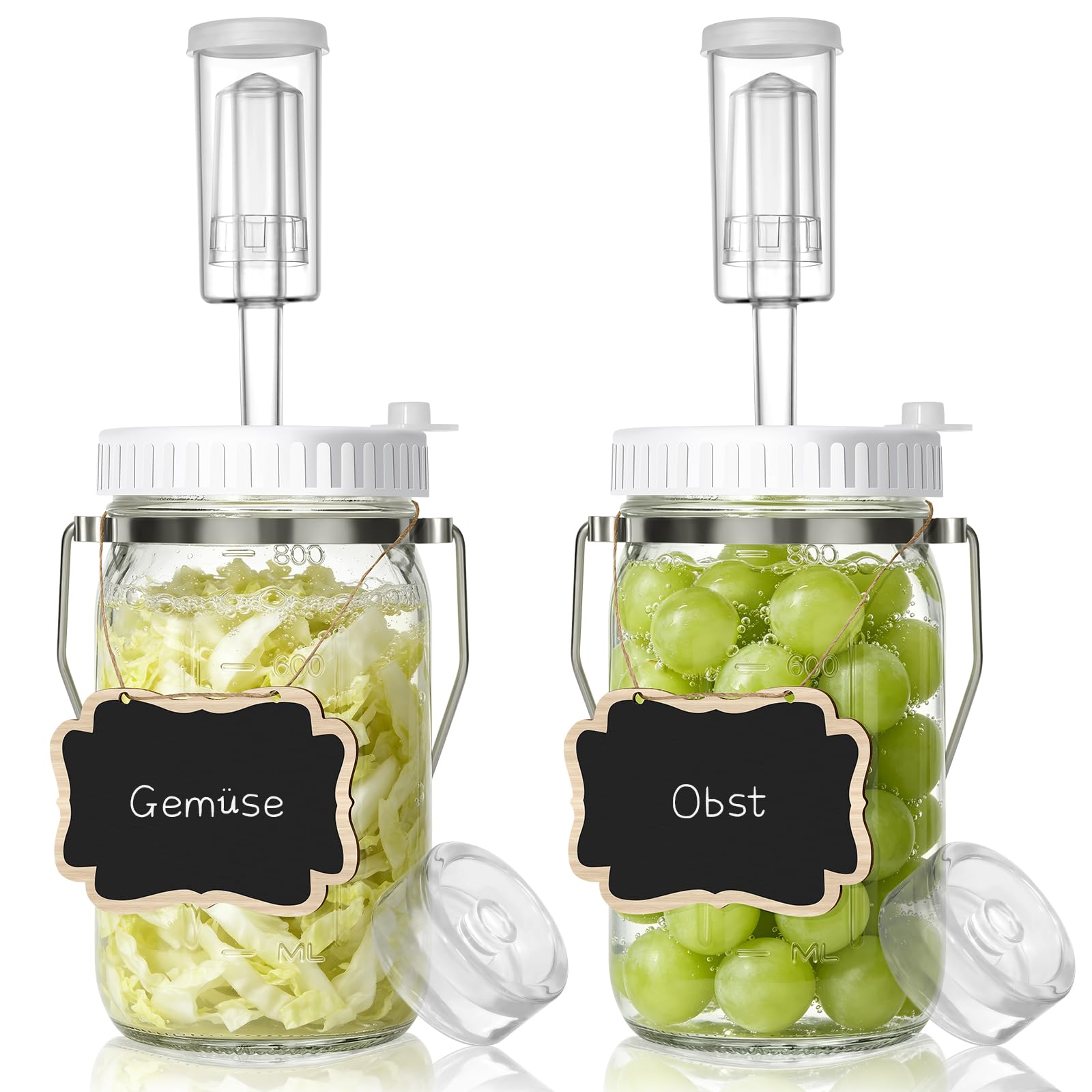 Mittimiya Lot de 2 bocaux de fermentation avec poignée de transport, pots de fermentation avec poids de fermentation, valve de fermentation et étiquettes, pour choucroute, kimchi, kombucha (800 ML)