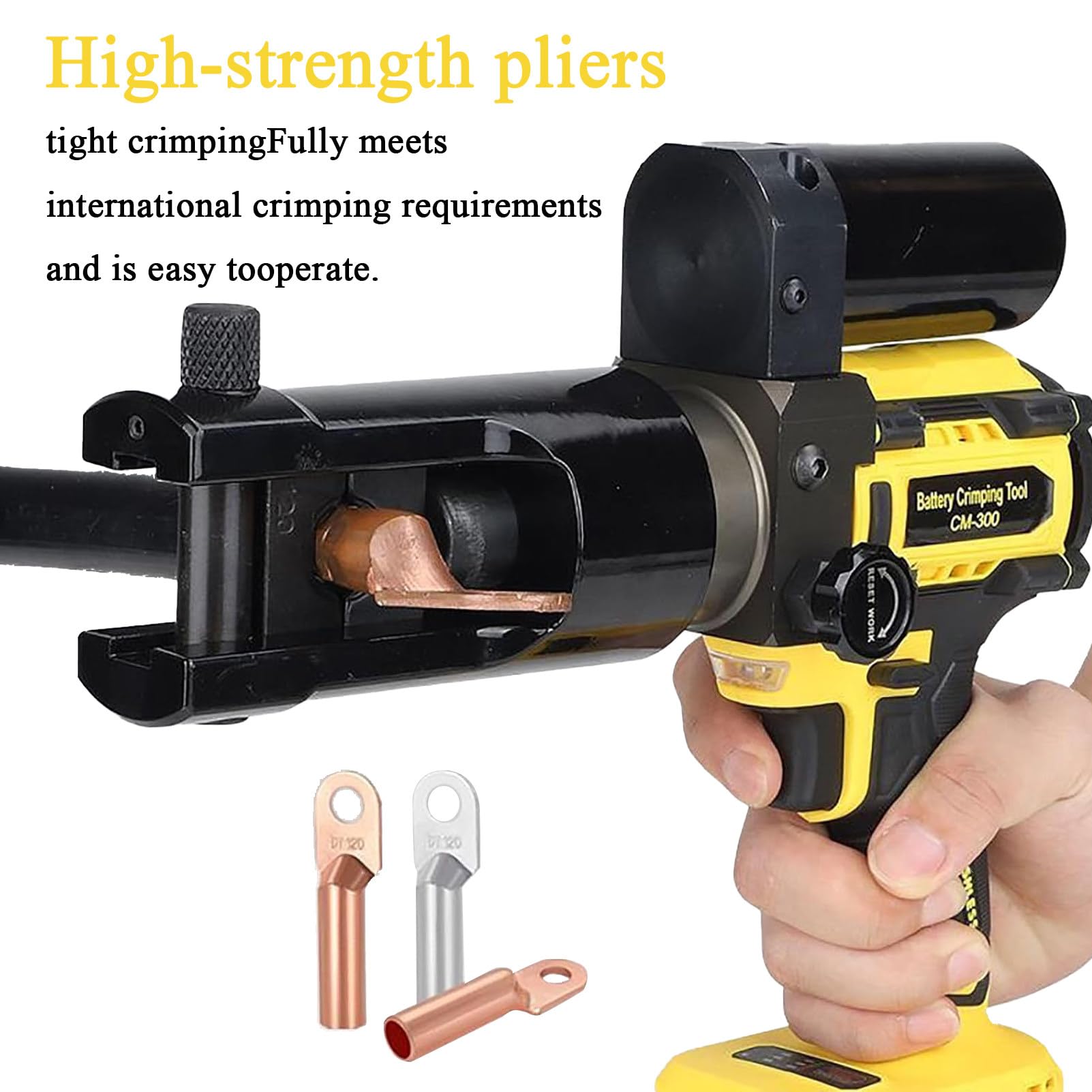 Crimpadora hidráulica a batería de 18 V, Herramienta para crimpar terminales, crimpadora de Cables de 16-300 mm², Abrazadera giratoria de 360°, con 11 Matrices y 2 baterías Yellow-75KN