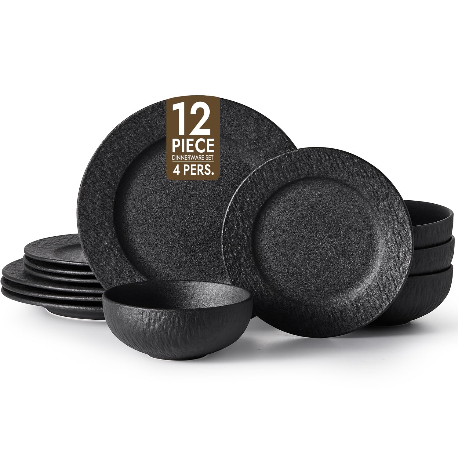 Amazon.com | KINGSTONE Black Dinnerware Sets, 12-Piece Matte