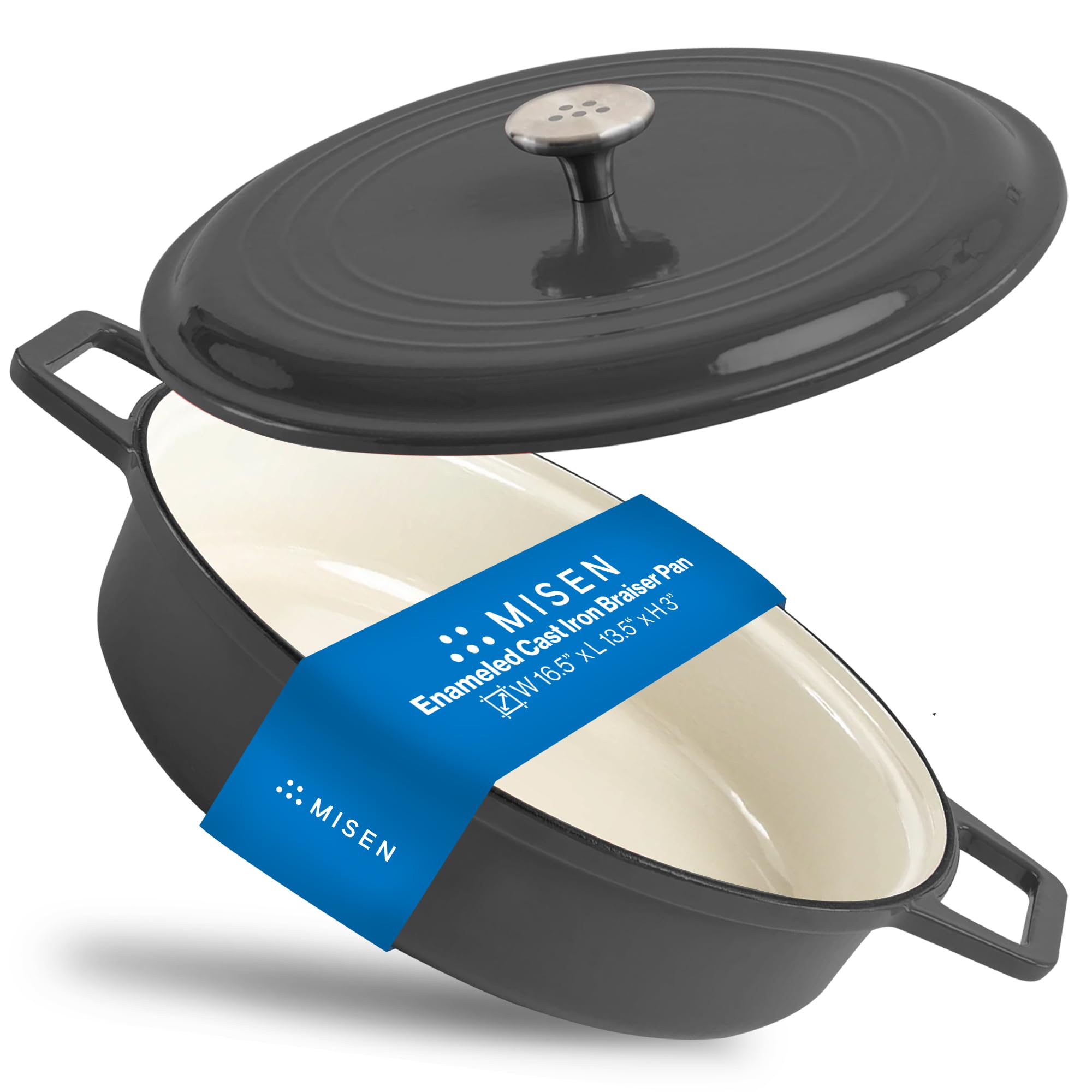 Misen 5.5 QT Braiser – Enameled Cast Iron Pan for Searing, Braising & Slow Cooking – No-Chip Enamel Coating – Extra-Wide Handles – Superior Heat Retention & Even Cooking - Black