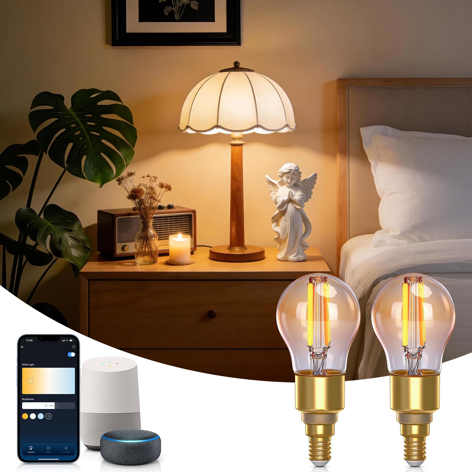 Aigostar Ampoule Connectée Alexa, Ampoule LED E14 Edison, G45, Ambre, 4.5W 470LM, Blanc Chaud Dimmable 2700K -6500K, Compatible Alexa et Google Home, 2 Unités