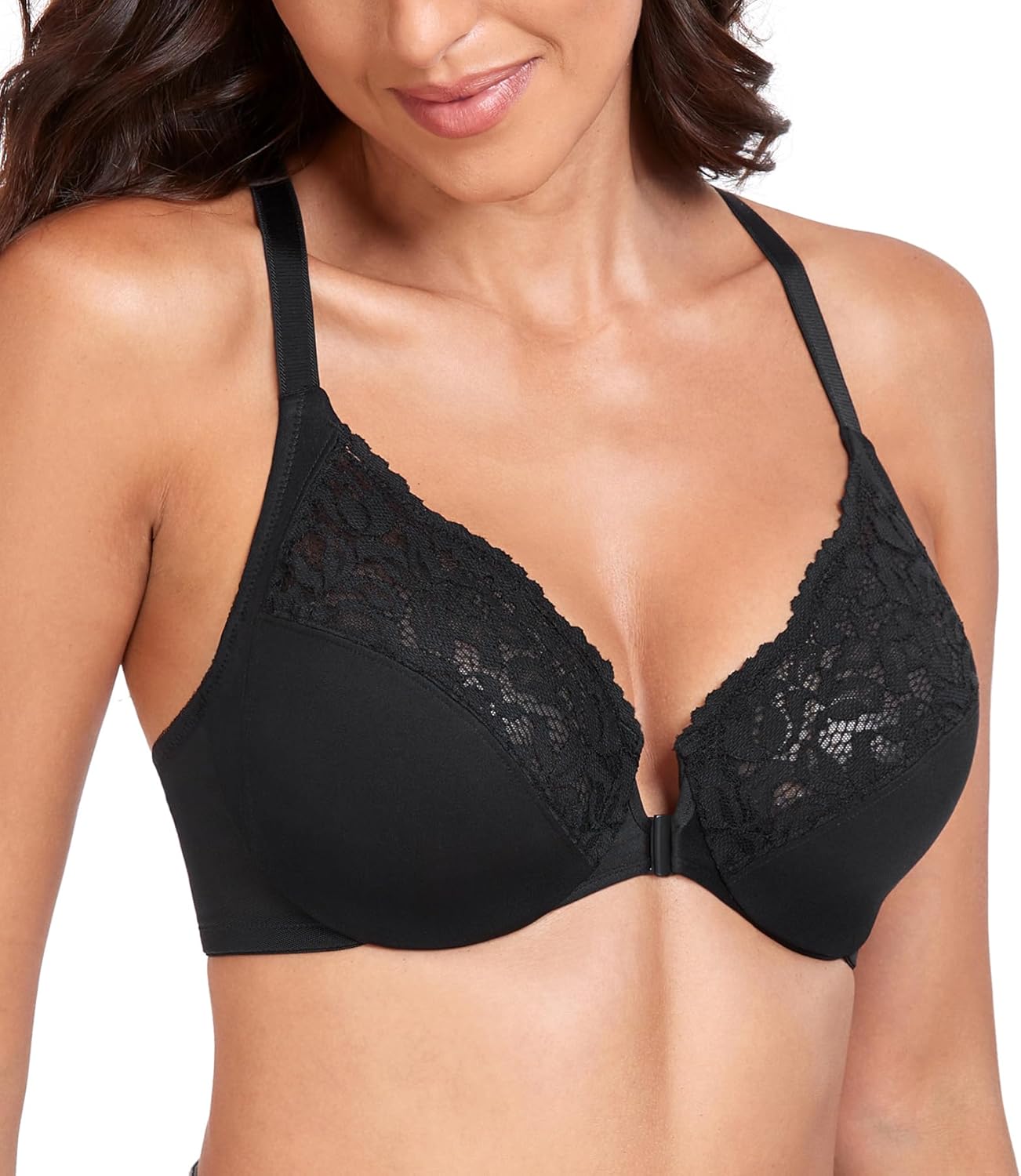 Lemorosy Women’s Full Figure Plus Size Non Padded Front Closure Lace Racerback Underwire Everyday Bra - Image 4