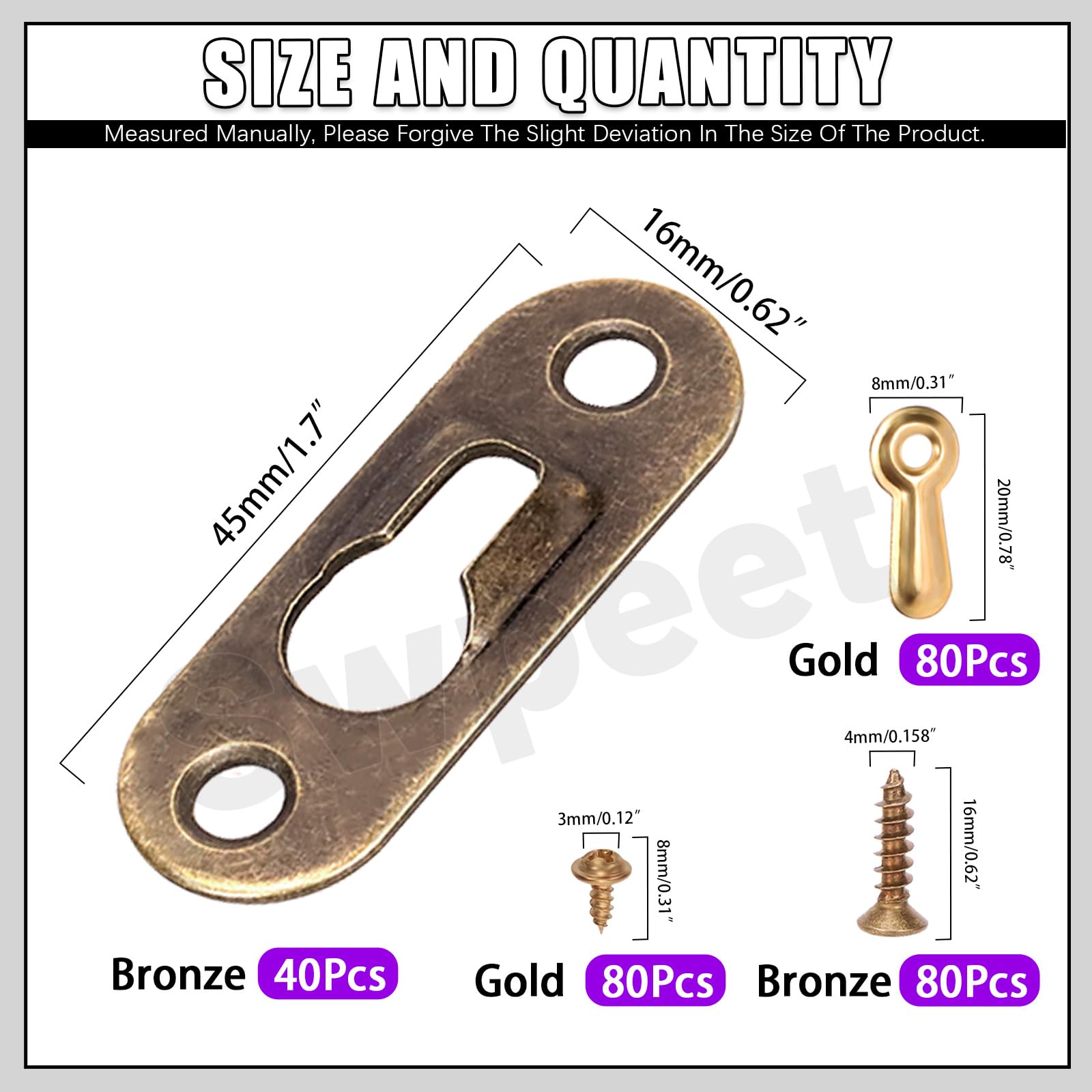 Swpeet 280Pcs 45 x 16mm Bronze Carbon Steel Single Keyhole Hangers with Screws and Picture Frame Turn Button Fasteners Assortment Kit - Image 2