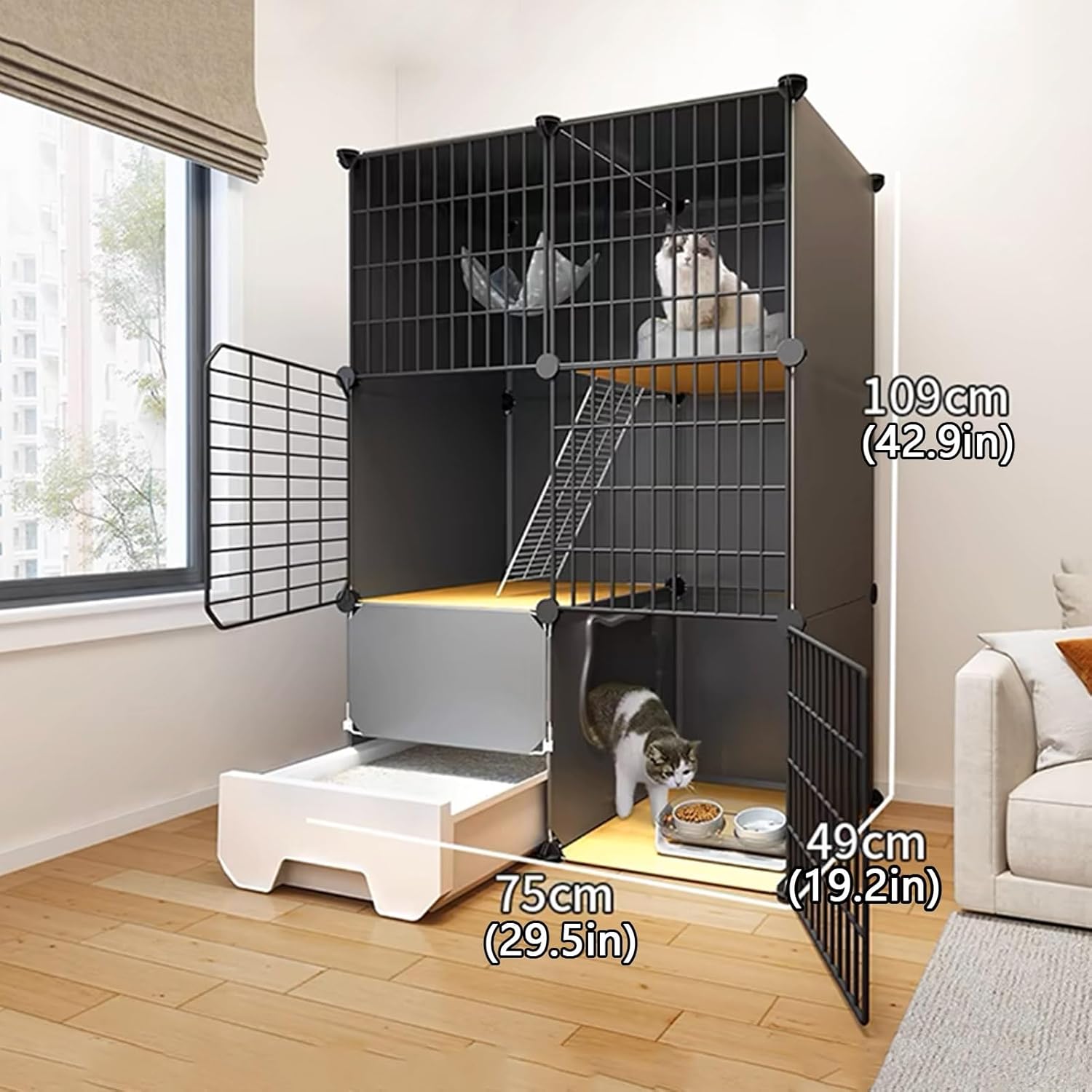 Cat Cage, 2/3 Tier Cat Enclosures, DIY Cat Playpen, Cat Cage Indoor with Cat Litter Box, Large Cat House, Pet Playpen Detachable, Black, Load 20kg(29.5x19.2x42.9in)