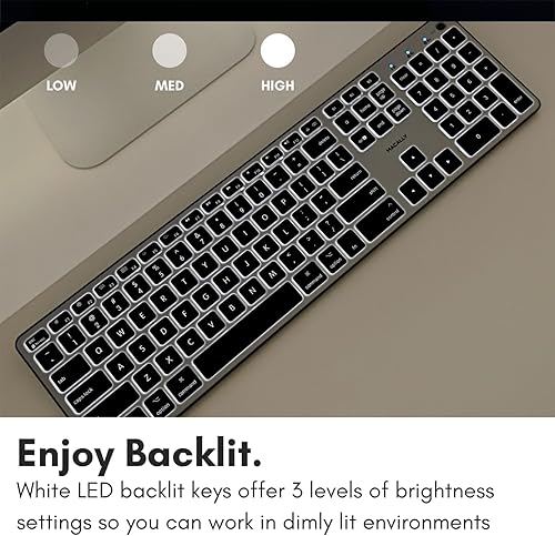Miniatura 5 de Macally Teclado Bluetooth retroiluminado para Mac e iOS, para dispositivos Apple, teclado inalámbrico recargable de 107 teclas, teclado