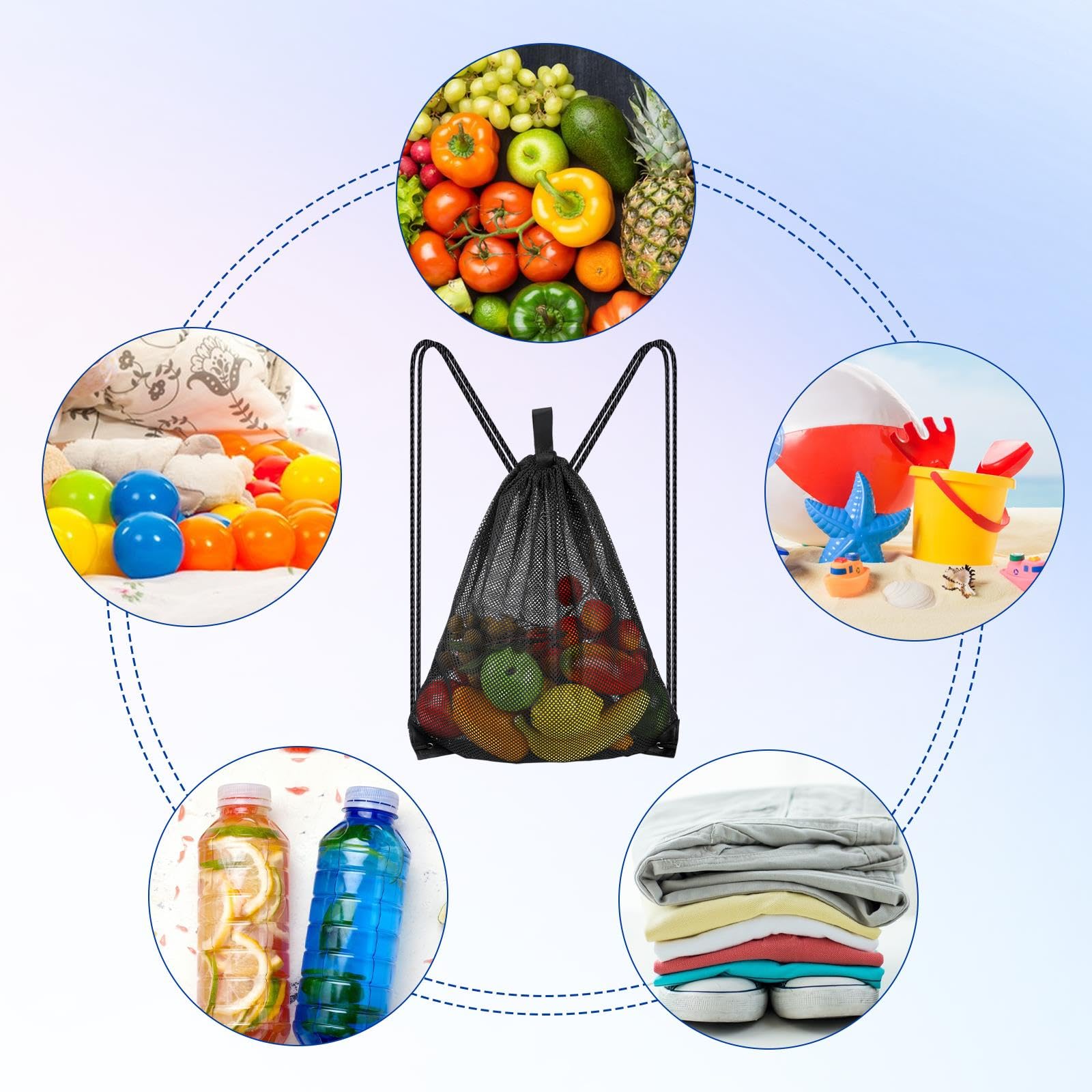 Sliverdew Grote mesh strandtas, nettas, trekkoord, gymtas, nettas, rugzakken met trekkoord, voor baltas, gymrugzak, strand, zwart, 45cm×60cm