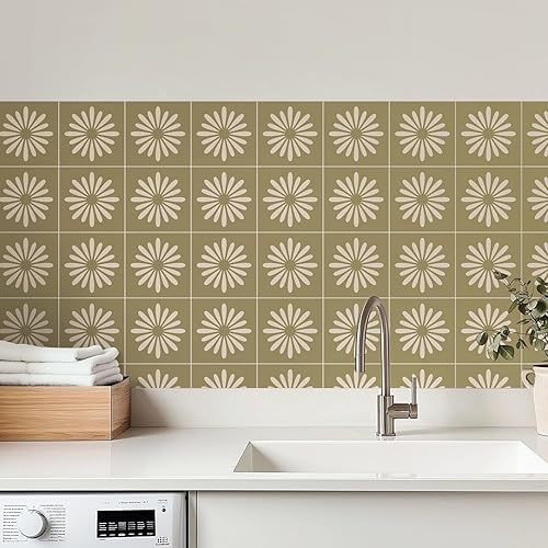 Paquete de 30 calcomanías de azulejos verdes salvia de 4 x 4 pulgadas, diseño floral moderno de mediados de siglo, vinilo minimalista para