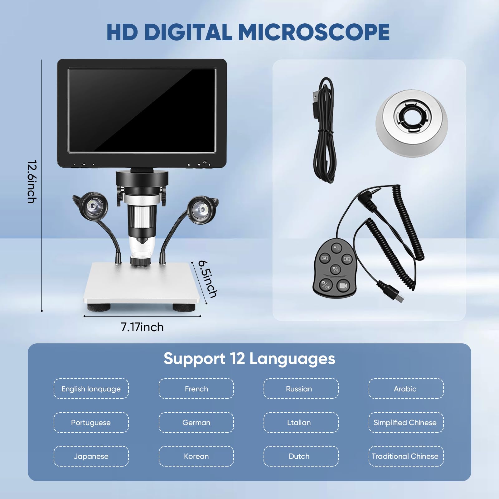 Microscopio Digitale 7" 1200x 12MP con Schermo Ruotabile HD/ 8 Luci LED/12 Lingue/10 cm Distanza Lavoro/Controller Filo Microscopio Usb per Riparazione Elettronica