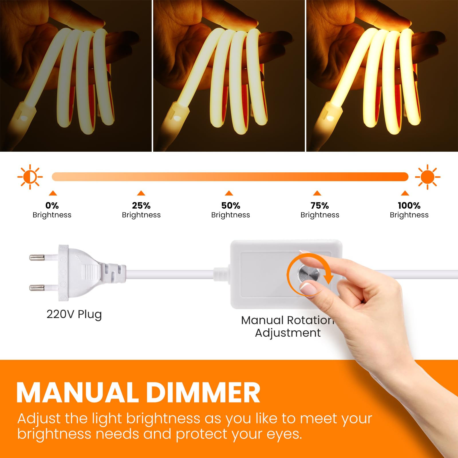 AC220-240V Dimmbar COB Neon LED Band 20M,Wasserdicht IP65 Warmweiß Neon LED Leuchtband Selbstklebend, 288LEDs/m Superhell FCOB Streifen(Schnitt alle 50cm) Flexible LED Strip für Weihnachten