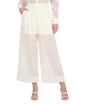 BCBGMAXAZRIA Women's Stripe Sheer Wide Leg Pants, Gardenia