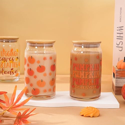 Miniatura 4 de Whaline Paquete de 2 vasos para beber de otoño de 16 onzas, taza de vidrio de flor de calabaza rosa, taza de café helado para otoño, Acción de