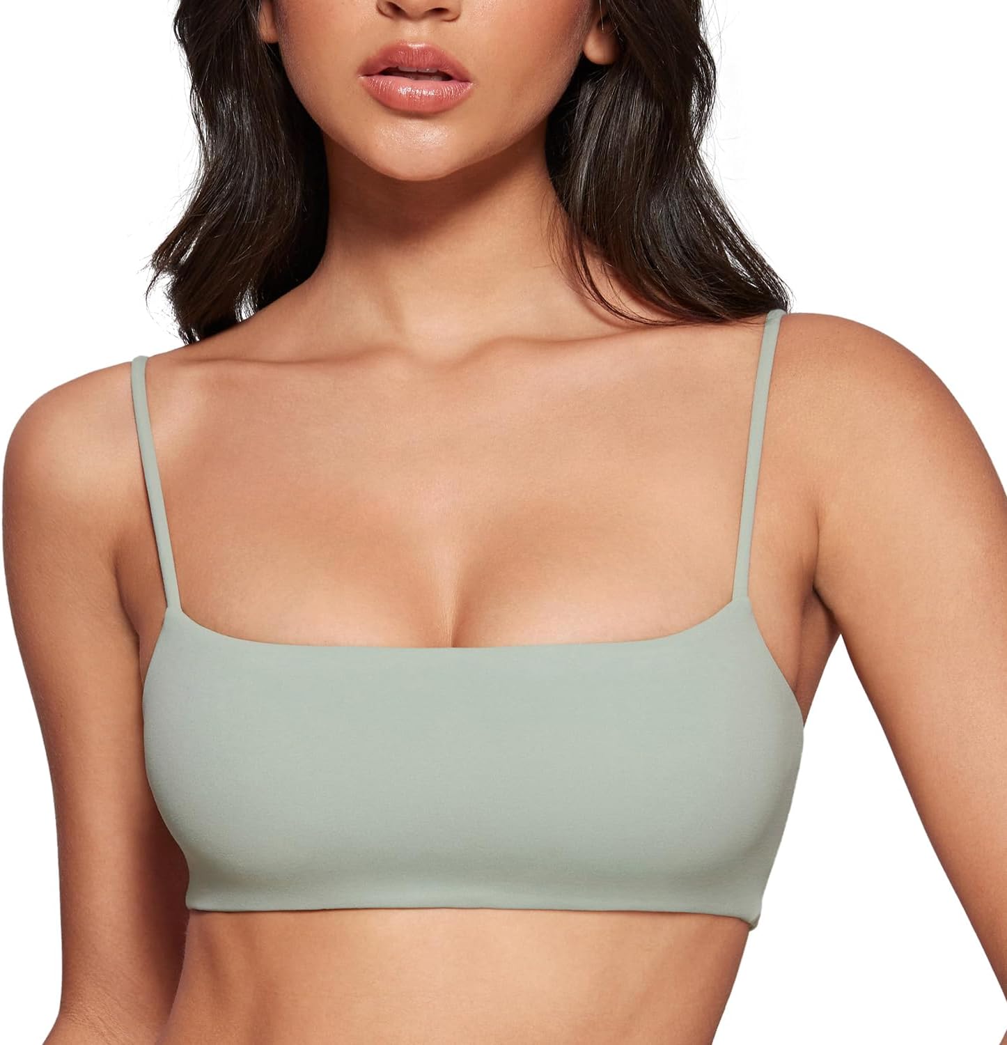 INGIA Women's Square Neck Sports Bra Spaghetti Strap Padded Cami Yoga Wireless Square Back Workout Bra Crop Top