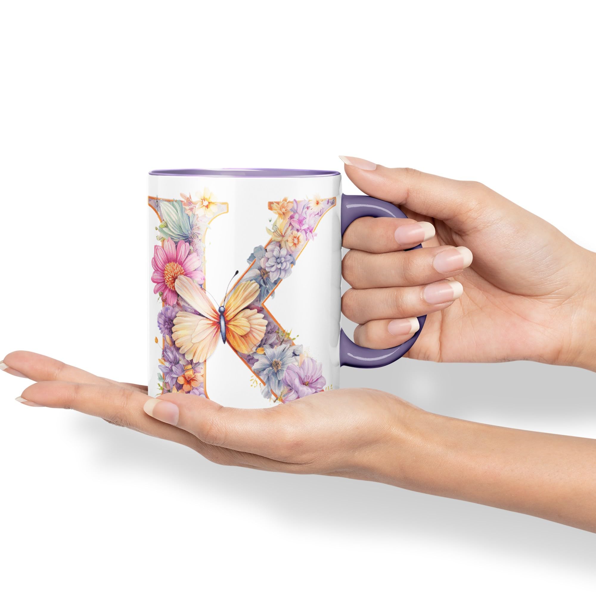 Tazza In Ceramica Vixar Con Lettera K, Fiori E Farfalla - Monogramma Acquerello - 330 Ml - Regalo Personalizzato Viola