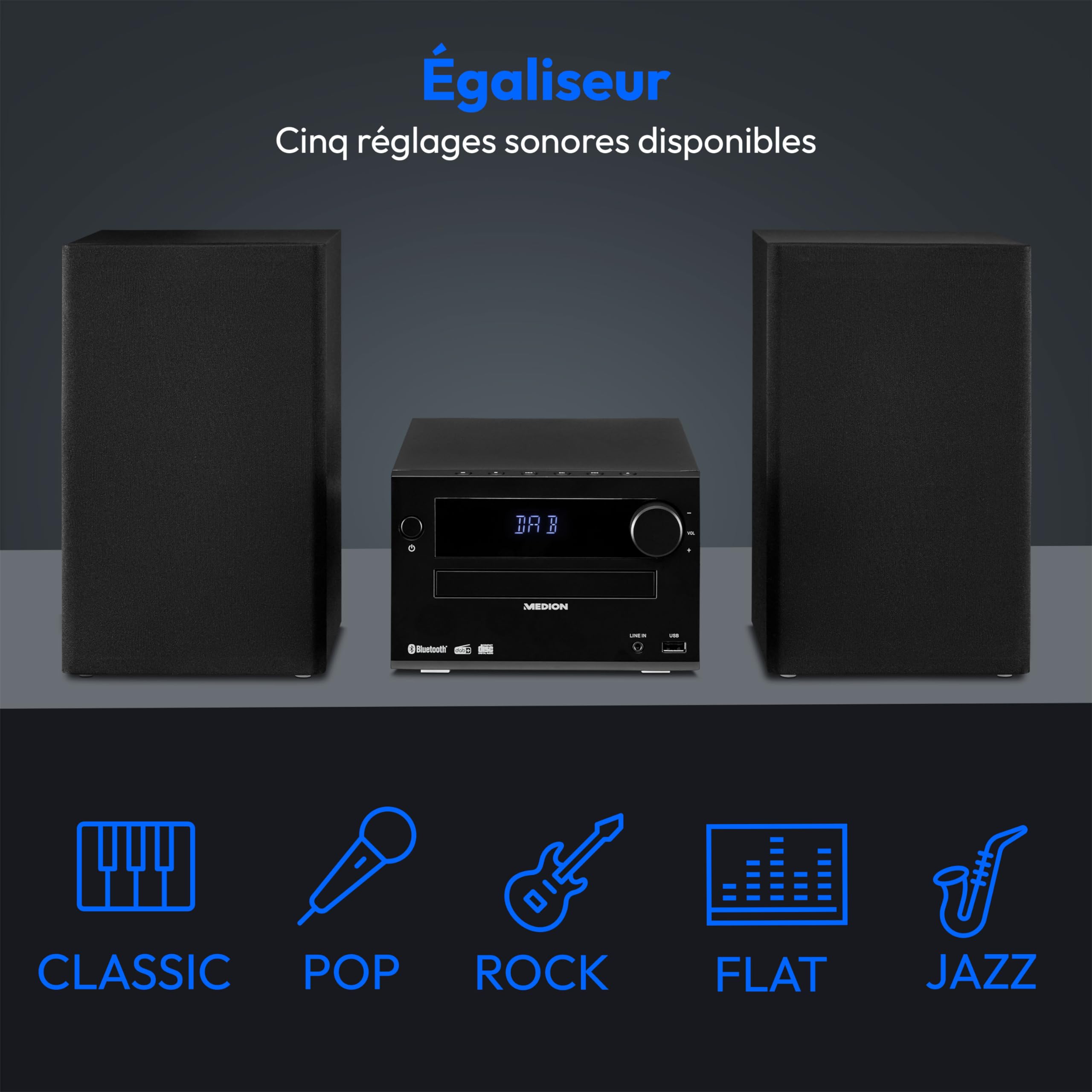 MEDION E64482 Microsystème Audio Compact (Radio Internet, Dab+, Lecteur CD, Radio FM PLL, Bluetooth, Lecteur MP3, AUX, Prise Casque, USB, minuteur de Mise en Veille, écran à intensité Variable) Noir