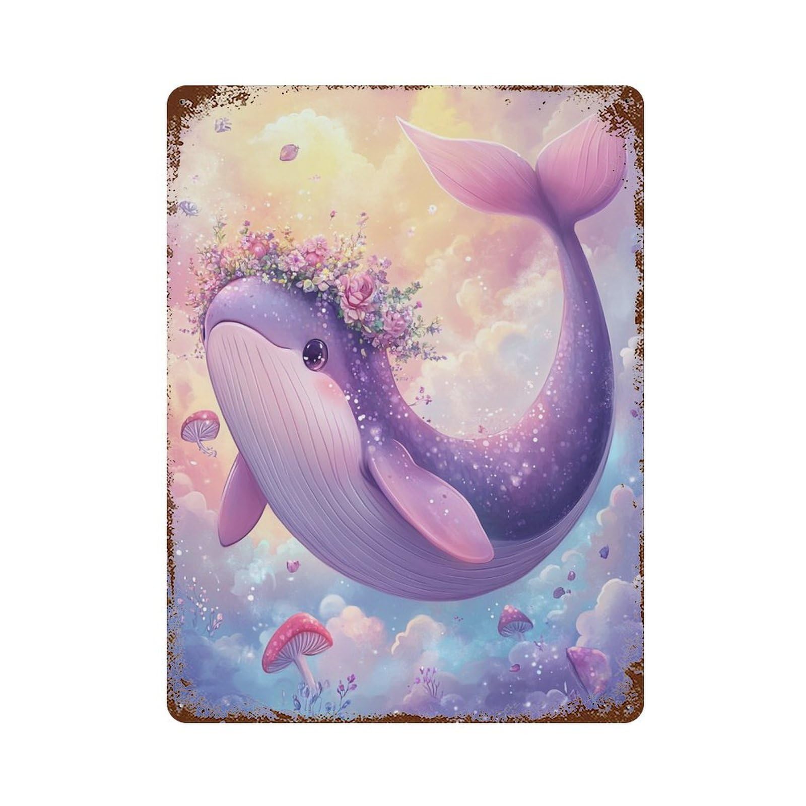 Fantasy Whale with Flowers Retro Metal Sign 15.7"x11.8", Classic Wall Plaque for Basement, Hobby Room And Garage Decor