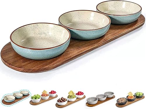 Artena Plato de cerámica sólida turquesa de 6 onzas con bandeja de madera de acacia, cuencos pequeños esmaltados de 4.5 pulgadas para condimentos,