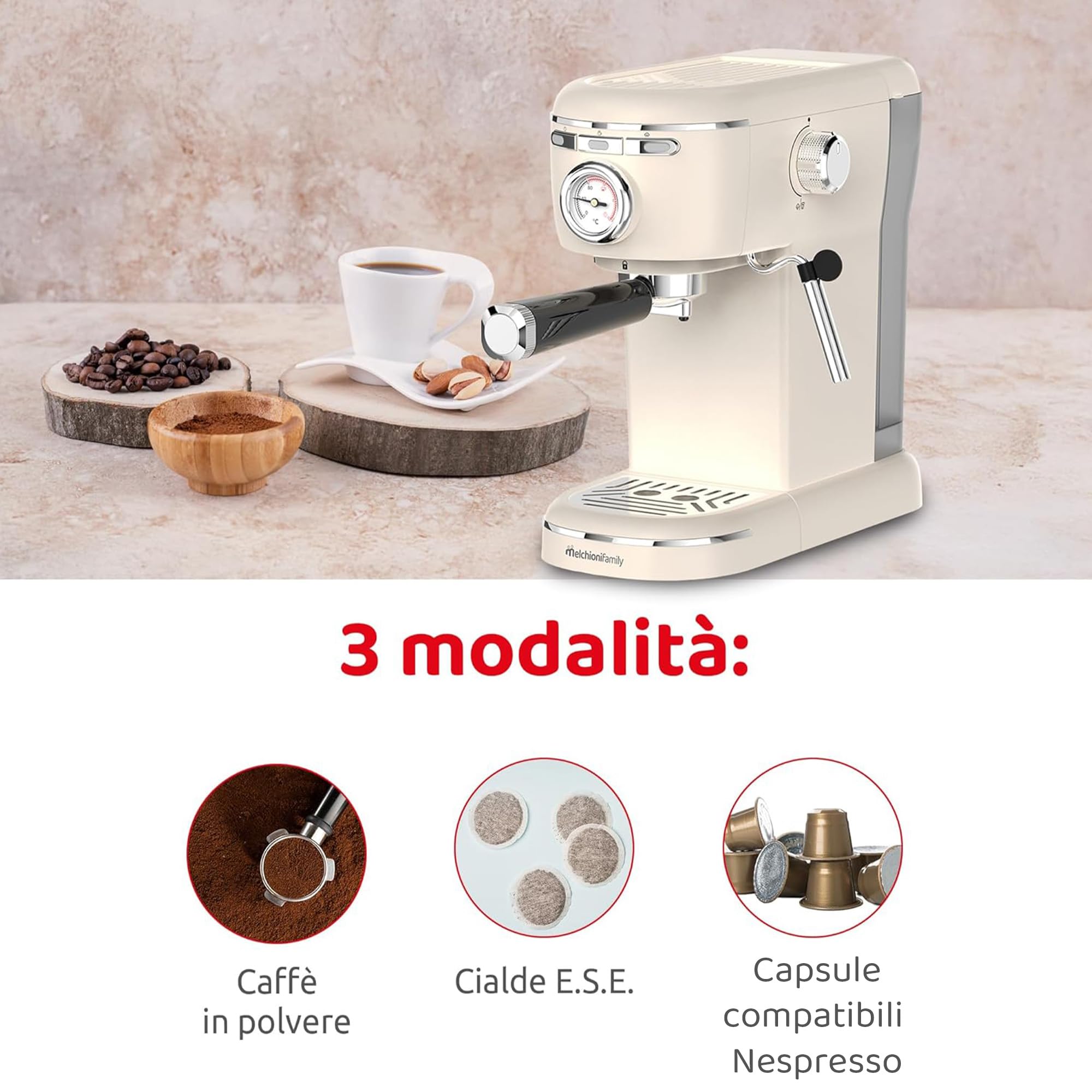 Aromatica Plus Macchina da Caffè Espresso 3 in 1 | Compatibile con Cialde E.S.E., Capsule e Caffè in Polvere | 15 Bar, Serbatoio 1,2L, Montalatte Manuale per Cappuccino