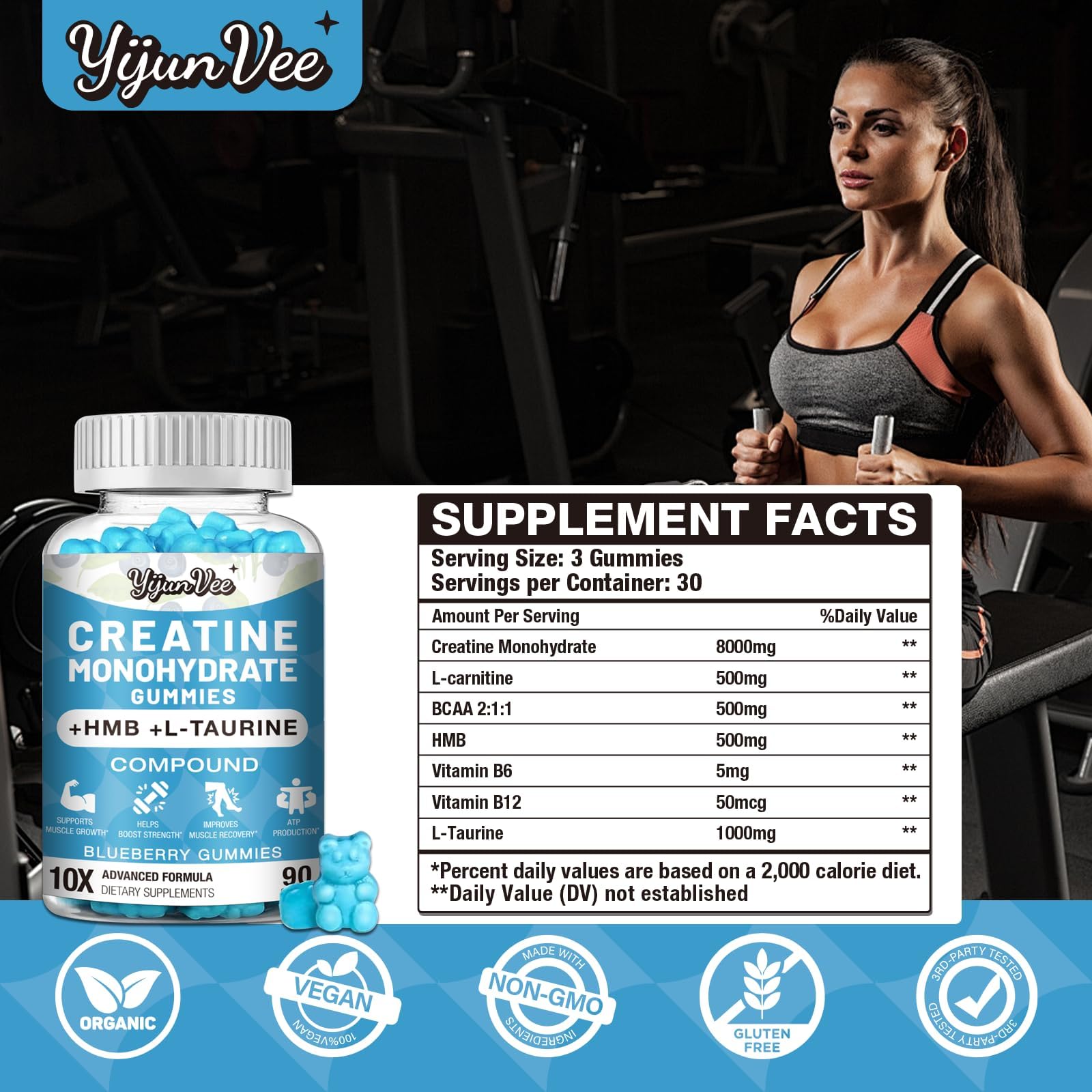 8000MG Creatine HMB Monohydrate Gummies, Creatine for Men & Women, Creatine Supplement with BCAA, L-Taurine & L-Carnitine, Pre Workout Gummies for Muscle Strength & Recovery Support, 180 Ct — Amazon image 9