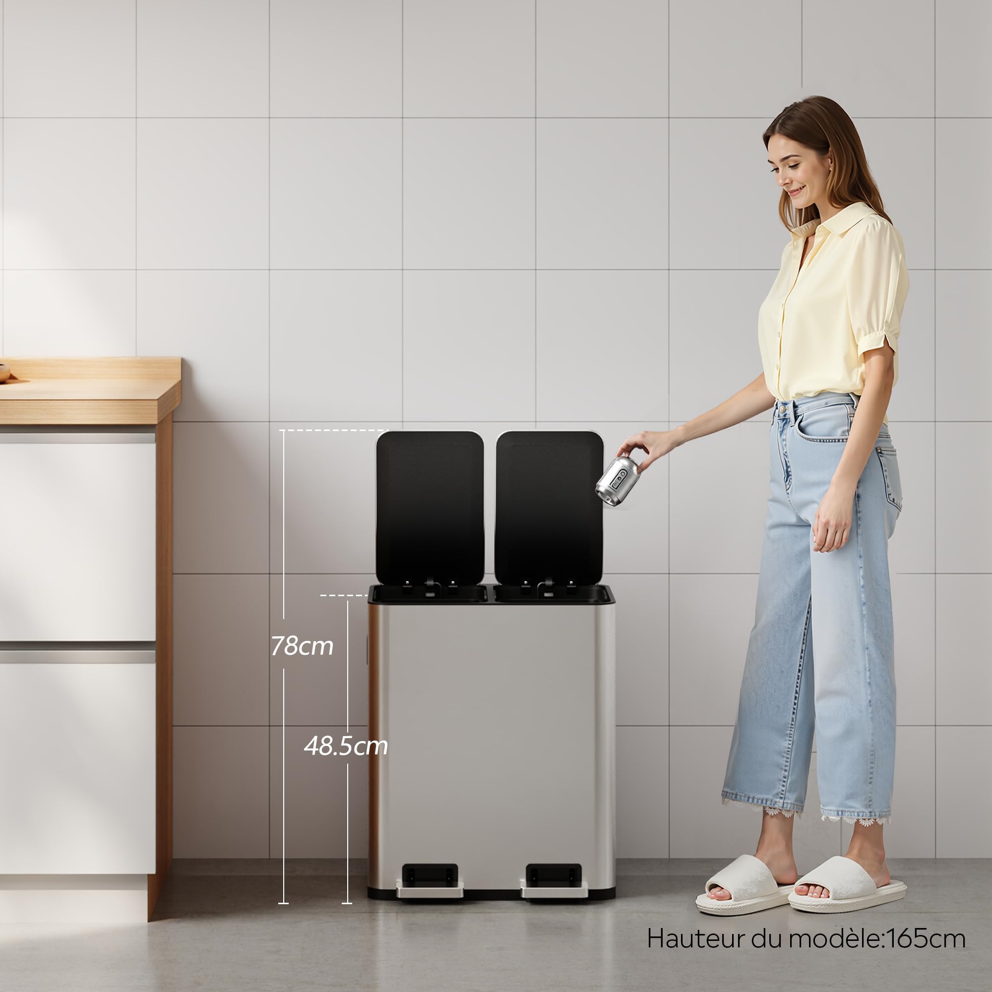 WLIVE Poubelle de Cuisine 30L avec 2 compartiments, Bac de Tri Sélectif, Acier Inoxydable, Pédale Mains Libres, Anti-Odeurs, Design Compact, Gris