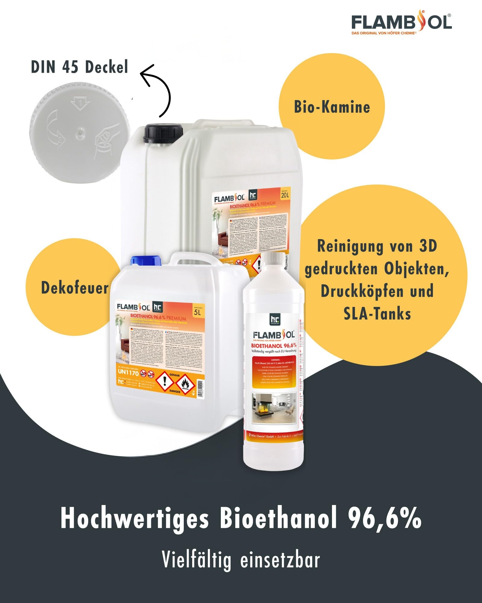 Höfer Chemie Bioethanol 96,6% Premium 6 x 1 L - Ethanol für Tischkamin, Kamin & Gartendeko für Draußen - Rauch- und Rußfrei - Aus Mais & Zuckerrüben