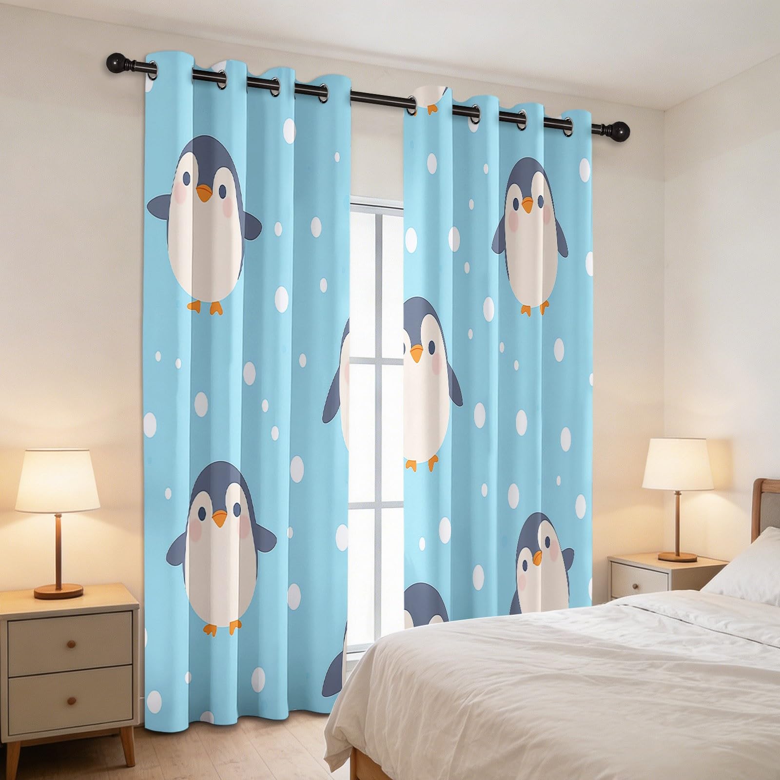 Niebieskie zasłony zaciemniające 117 x 229 cm pingwin z kreskówek z kropkami - grube i miękkie, izolowane termicznie zasłony z tkaniny do salonu, biura lub pokoju, 2 sztuki