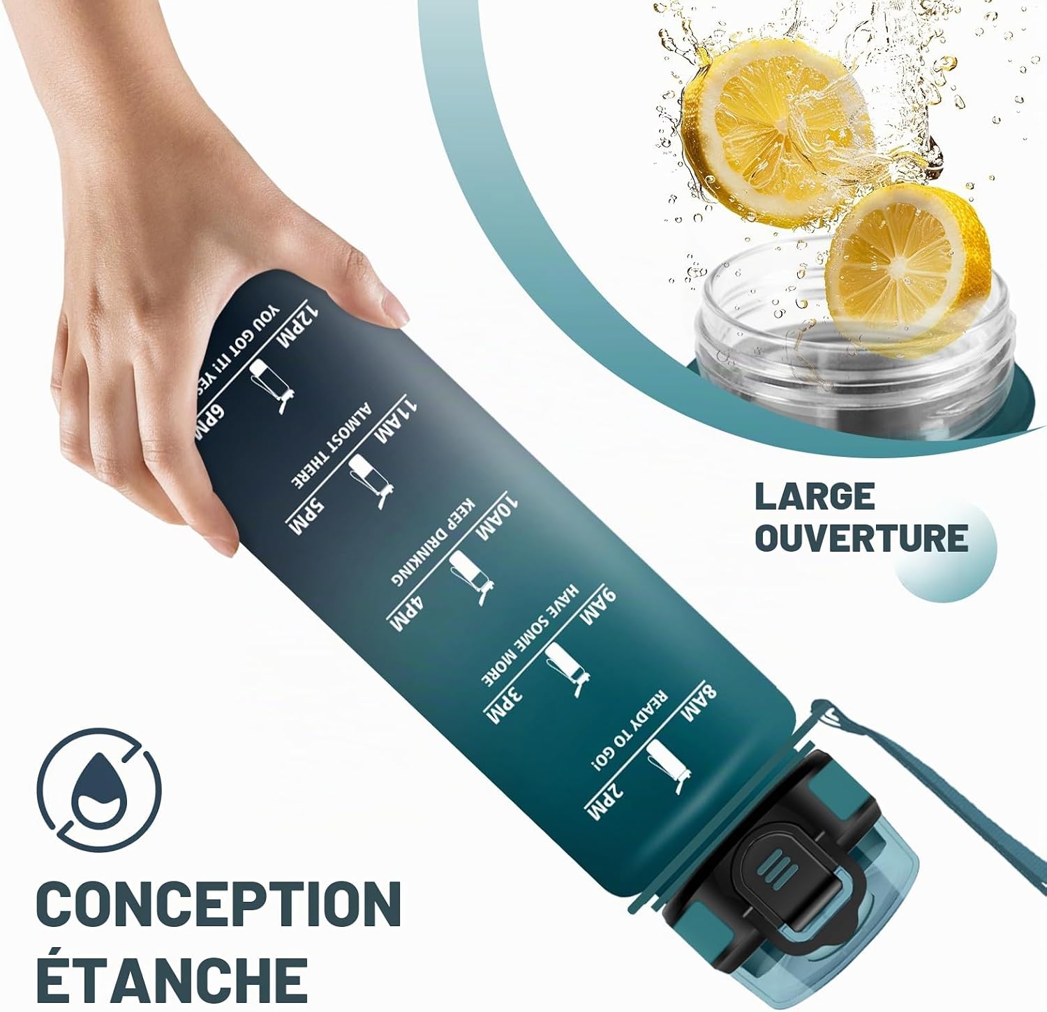 Bouteille 1L, Gourde Sport avec Paille, Bouteille Motivation Marqueur de Temps, Étanche et - Mise en situation et utilisation