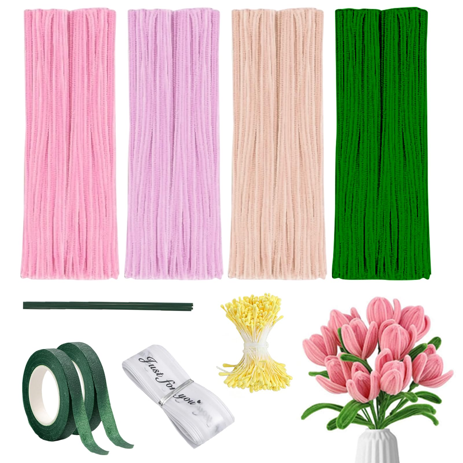 Flhlxzm Pipe Cleaners for Craft Flowers, 424 Pcs Pipe Cleaners Craft Kit Coloured Pipecleaners with Pipes Cleaner Stems Stamens Tape Ribbon for DIY Crafts Projects and Crafts Decorations (Mutilcolor)