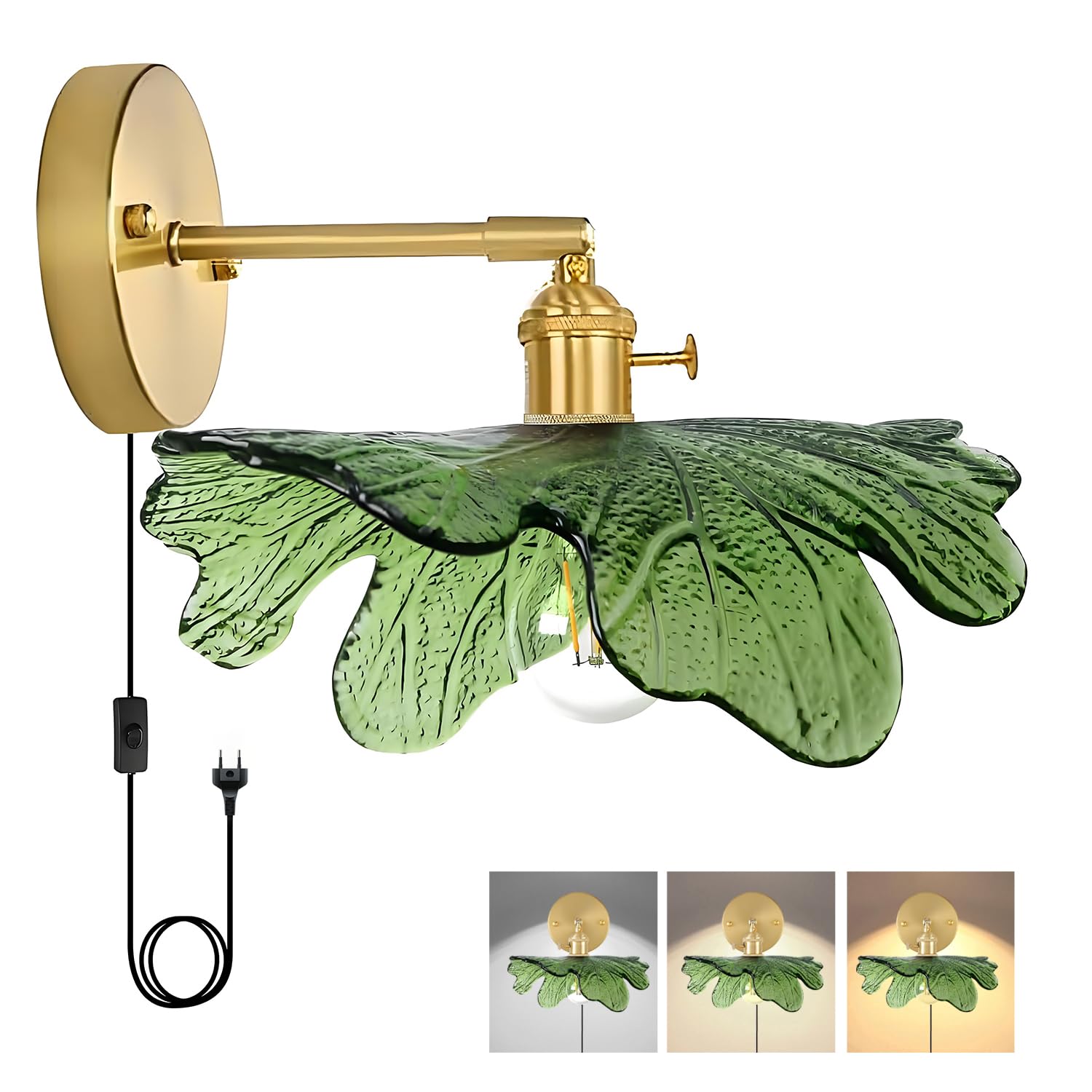 E27 Wandleuchte Innen Dimmbar Wandlampe mit Schalter 180° Drehung Wandlampe Vintage Höhenverstellbar Grüne Glas Nachttischlampe mit Stecker für Schlafzimmer Flur Küche Wandbeleuchtung