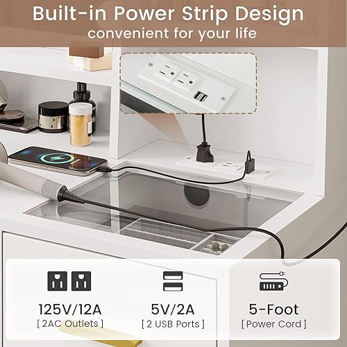 Miniatura 7 de MSmask Escritorio de tocador con espejo y luces, juego de tocador de maquillaje con estación de carga y silla, mesa de tocador blanca con 5 cajones